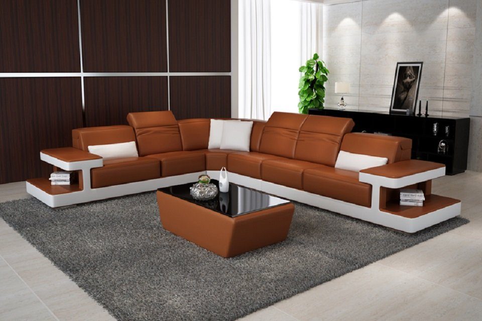 JVmoebel Ecksofa, Ledersofa L-Form Couch Wohnlandschaft Ecksofa Design Modern Sofa Braun/Weiß