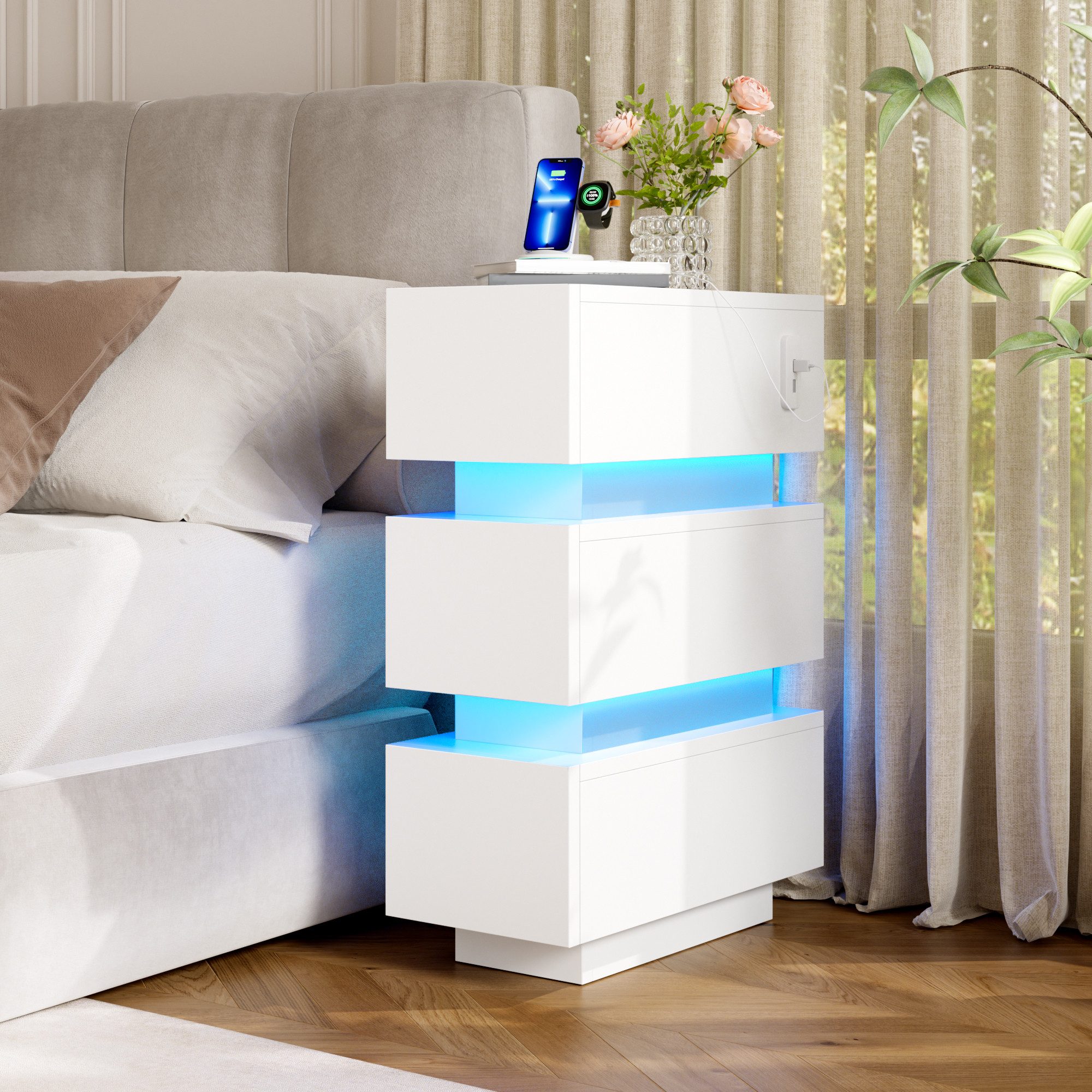Flieks Nachttisch (2-St), 2er-Set Nachttisch 20x40x59.5cm mit 3 Schubladen, Aufladen& LED-Leiste