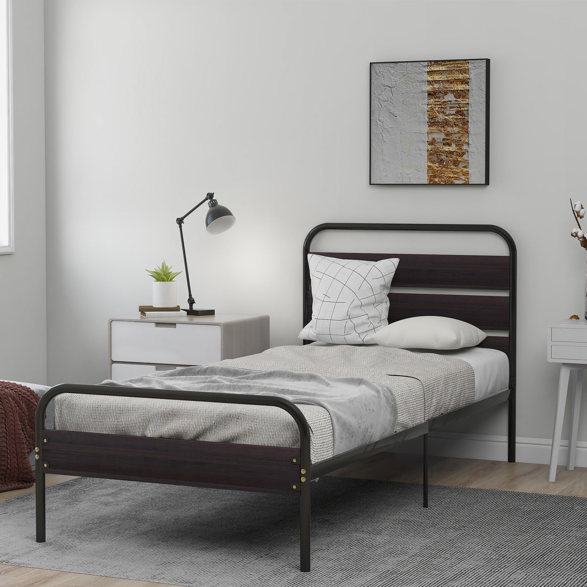 Merax Metallbett, Jugendbett Einzelbett 90x200 cm mit Kopfteil und Fußteil  aus Holz vintage
