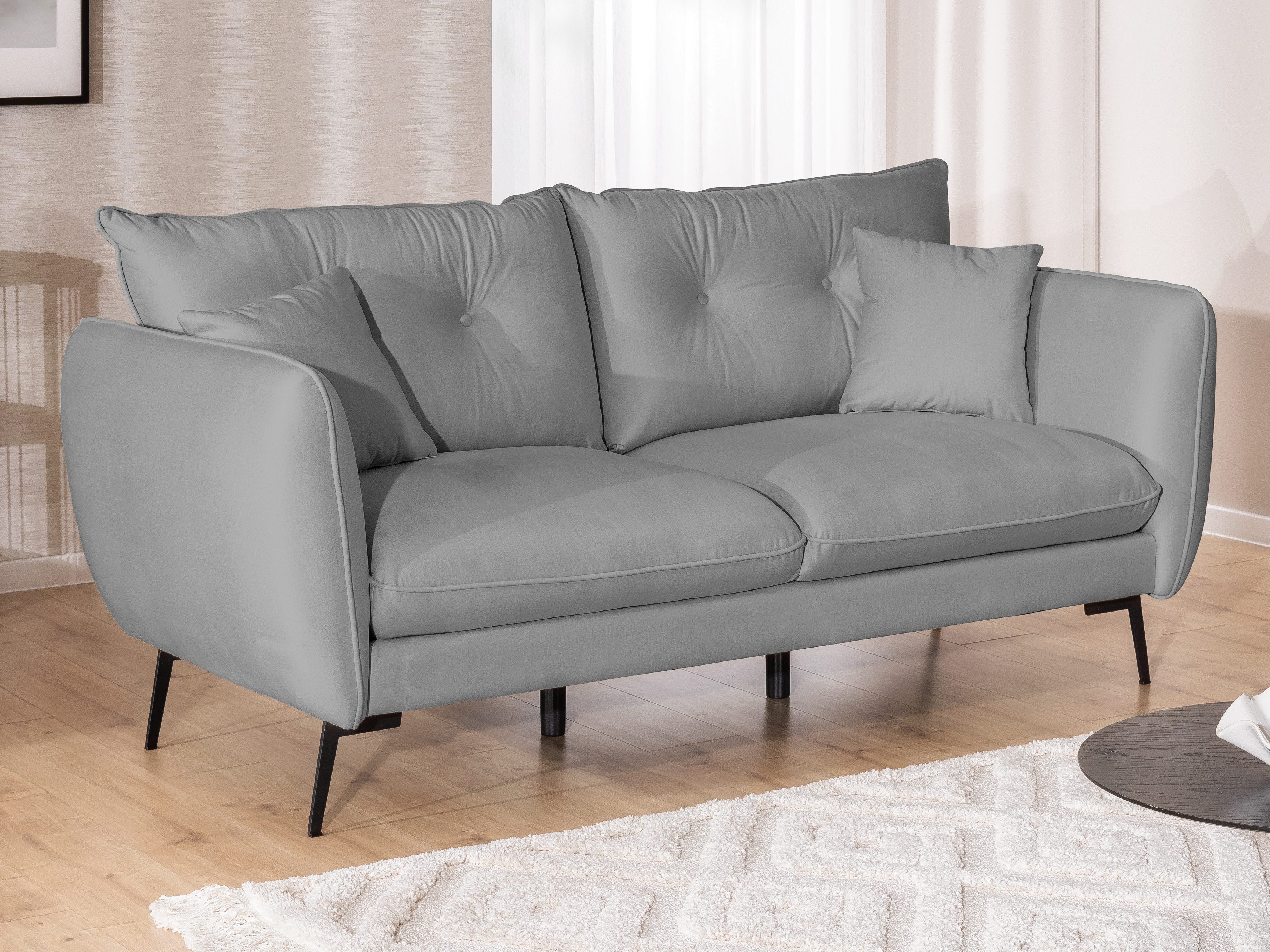 S-Style Möbel 3-Sitzer Sofa Nordloft aus Samt-Stoff mit Hohen Schwarzen Metallfüßen, Weiche silikongefüllte Rückenkissen