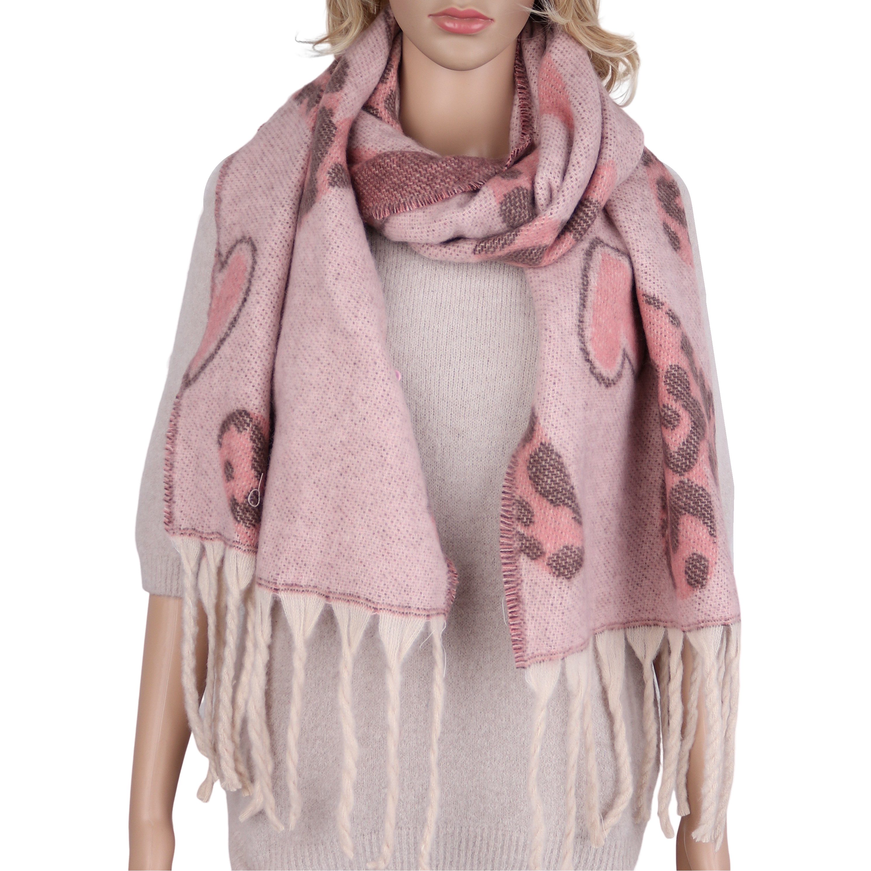 Modeschal weicher und warmer Schal Herzenmotiv mit Fransen, 40 x180cm