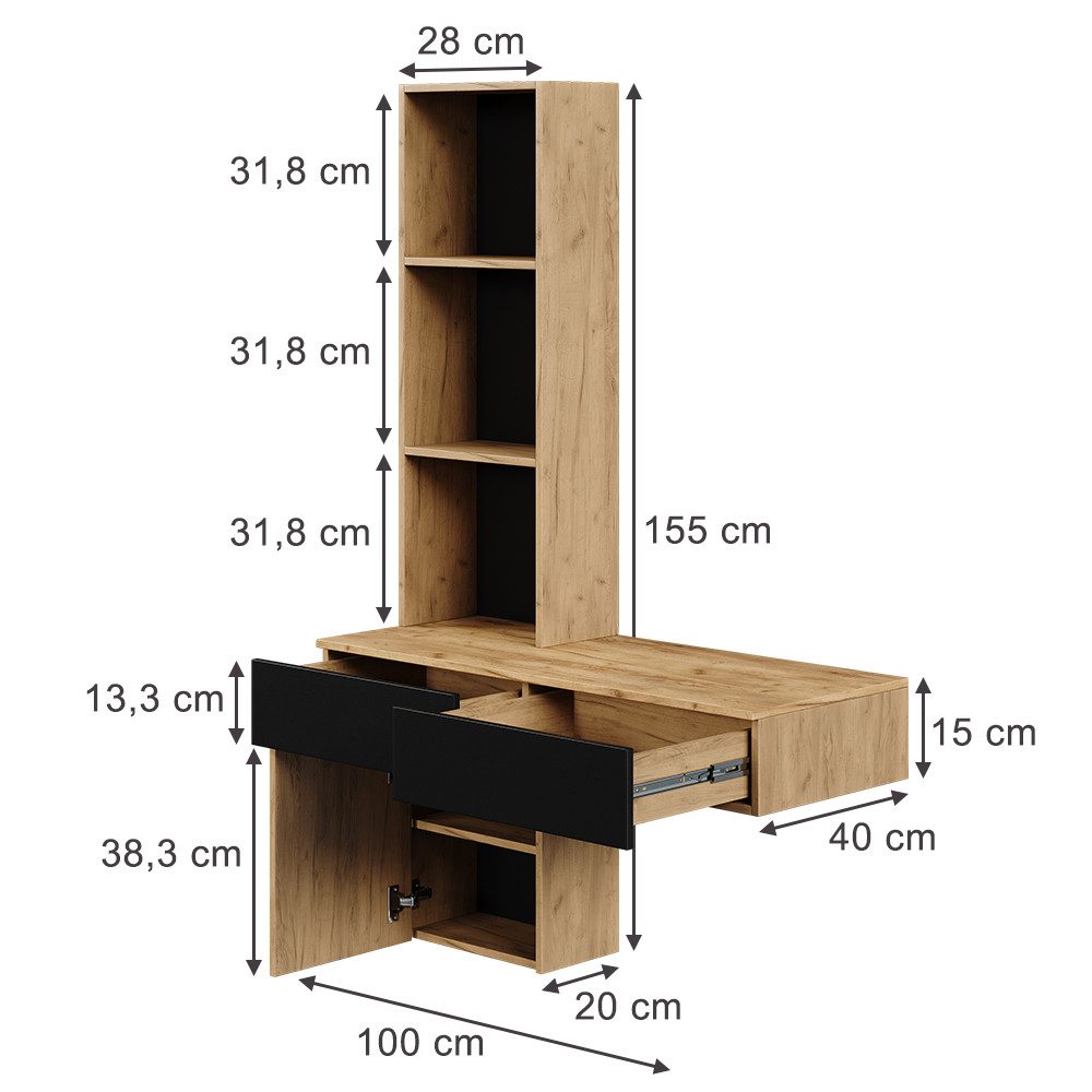Vicco Schminktisch Melora, Eiche/Schwarz, 100 cm (1-St)