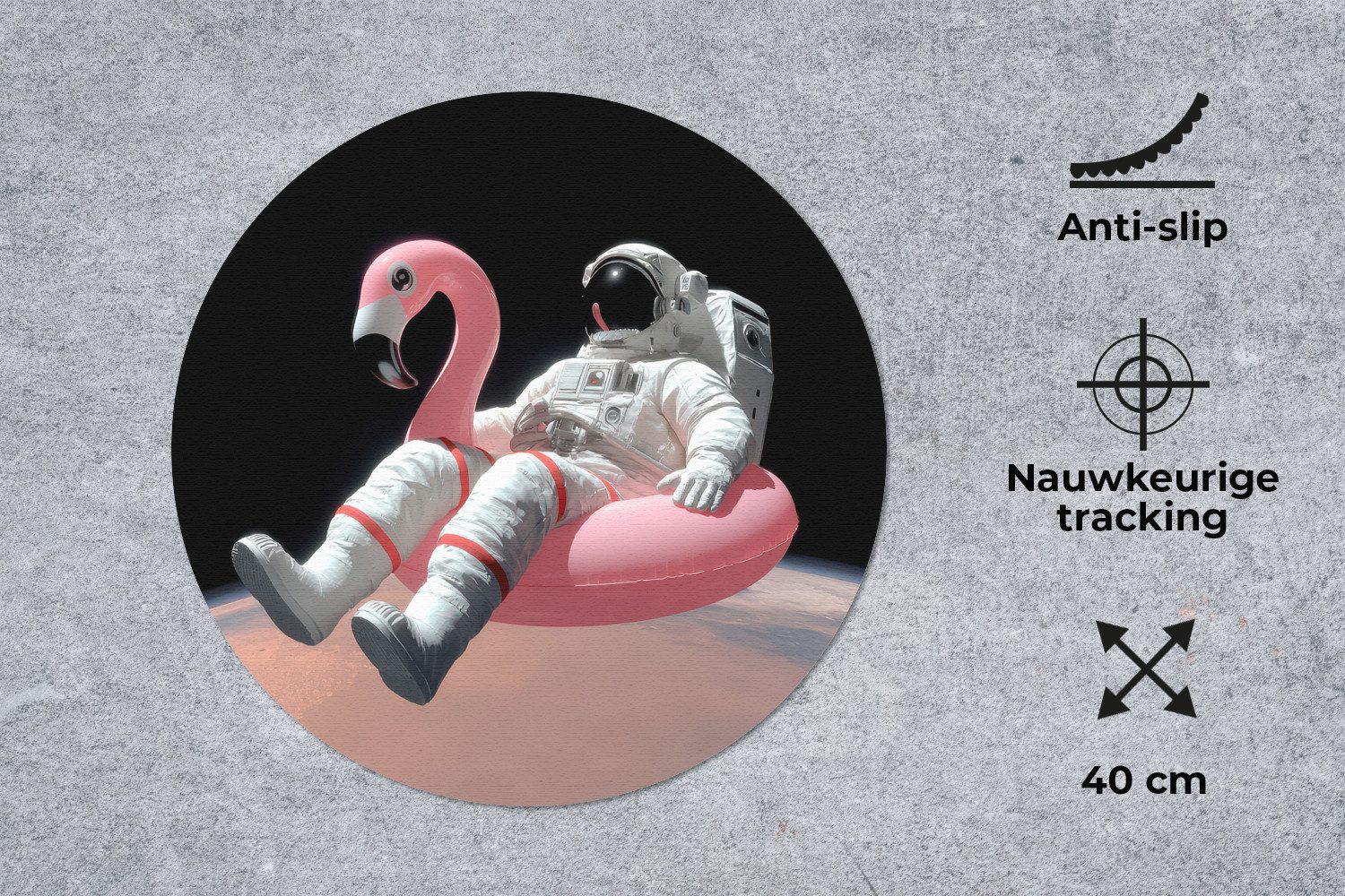 MuchoWow Mauspad Astronaut - Flamingo - Schwimmband - Rosa (1-St), Mousepad mit Rutschfester Unterseite, Gaming, Rund, 40x40 cm
