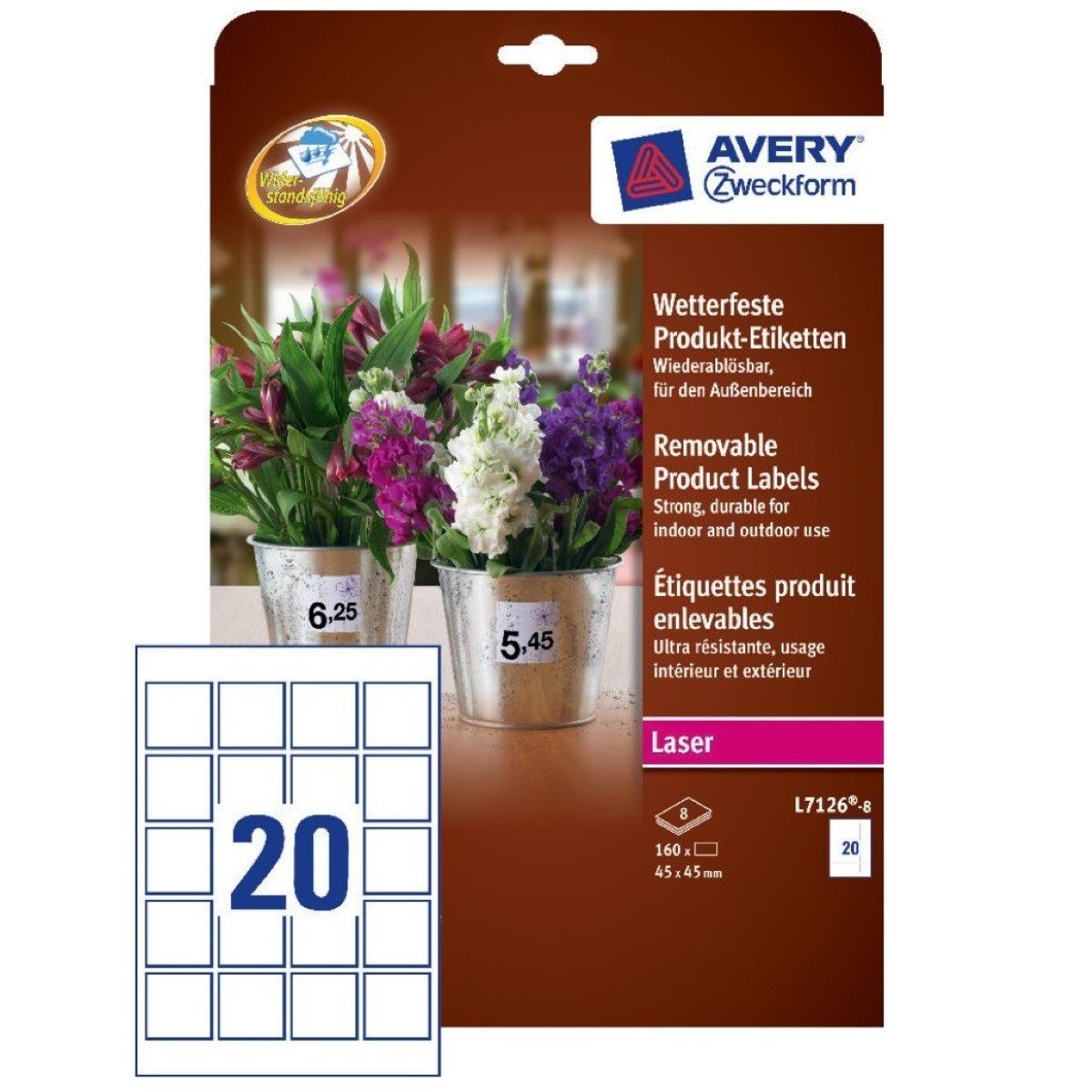 Avery Zweckform Etiketten 160x Produkt-Etiketten Wasserfest 45x45mm Weiß, Produkt-Aufkleber Preis-Schilder für DIN A4 Laser Drucker