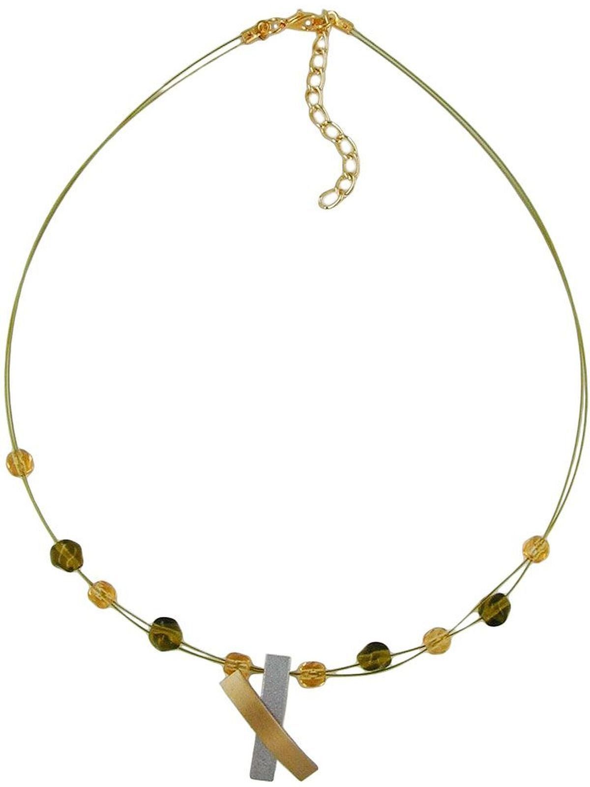 Gallay Perlenkette Drahtkette Glasperlen olivfarben Metallanhänger X-Kreuz bicolor 42cm (1-tlg)