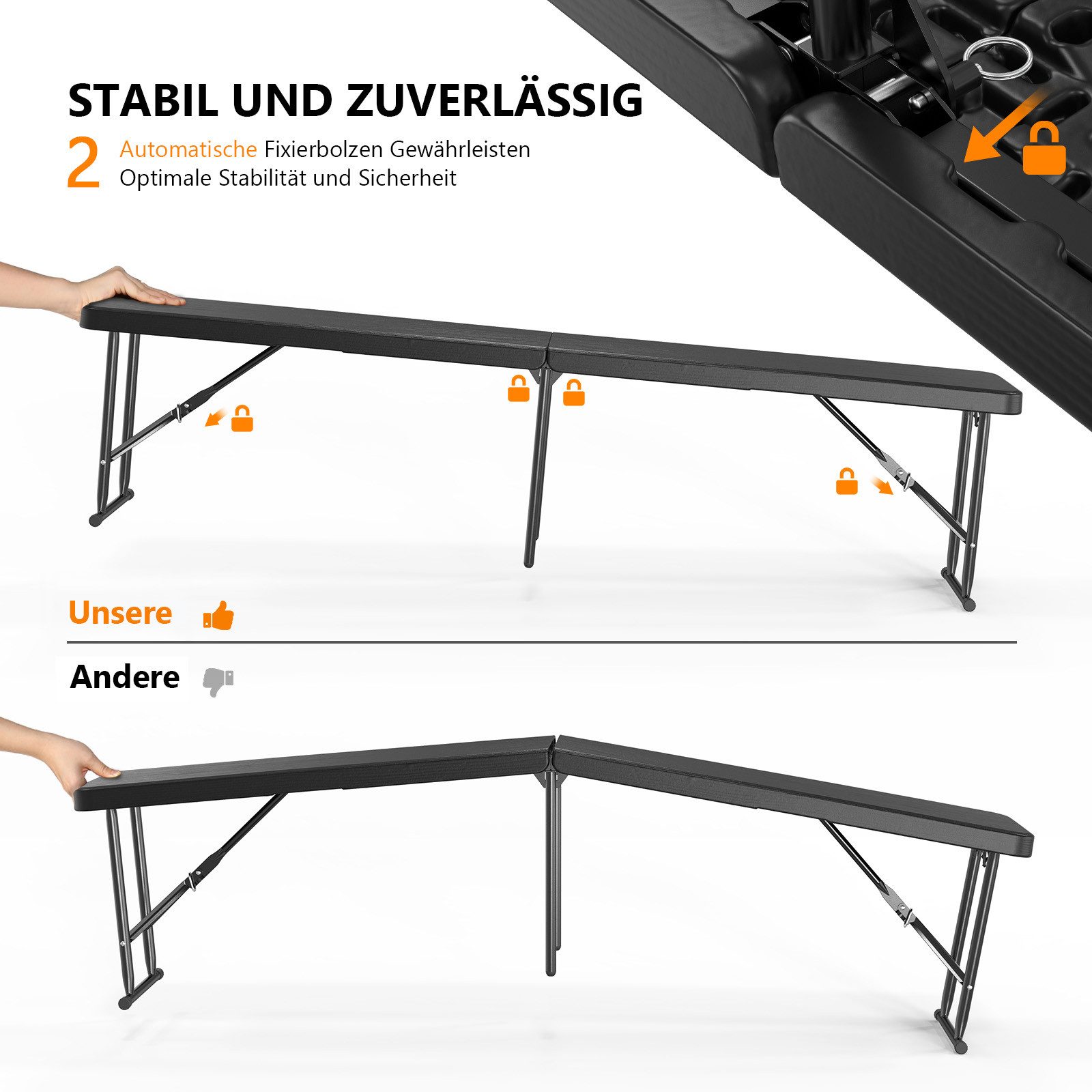 VINGLI Gartenbank Wetterfest aus Kunststoff, Klappbank, Sitzbank Flur, Bierbank (2-St), 182 x 28 x 43 cm, ideal für Garten, Camping & Outdoor – Bild 4 von 5