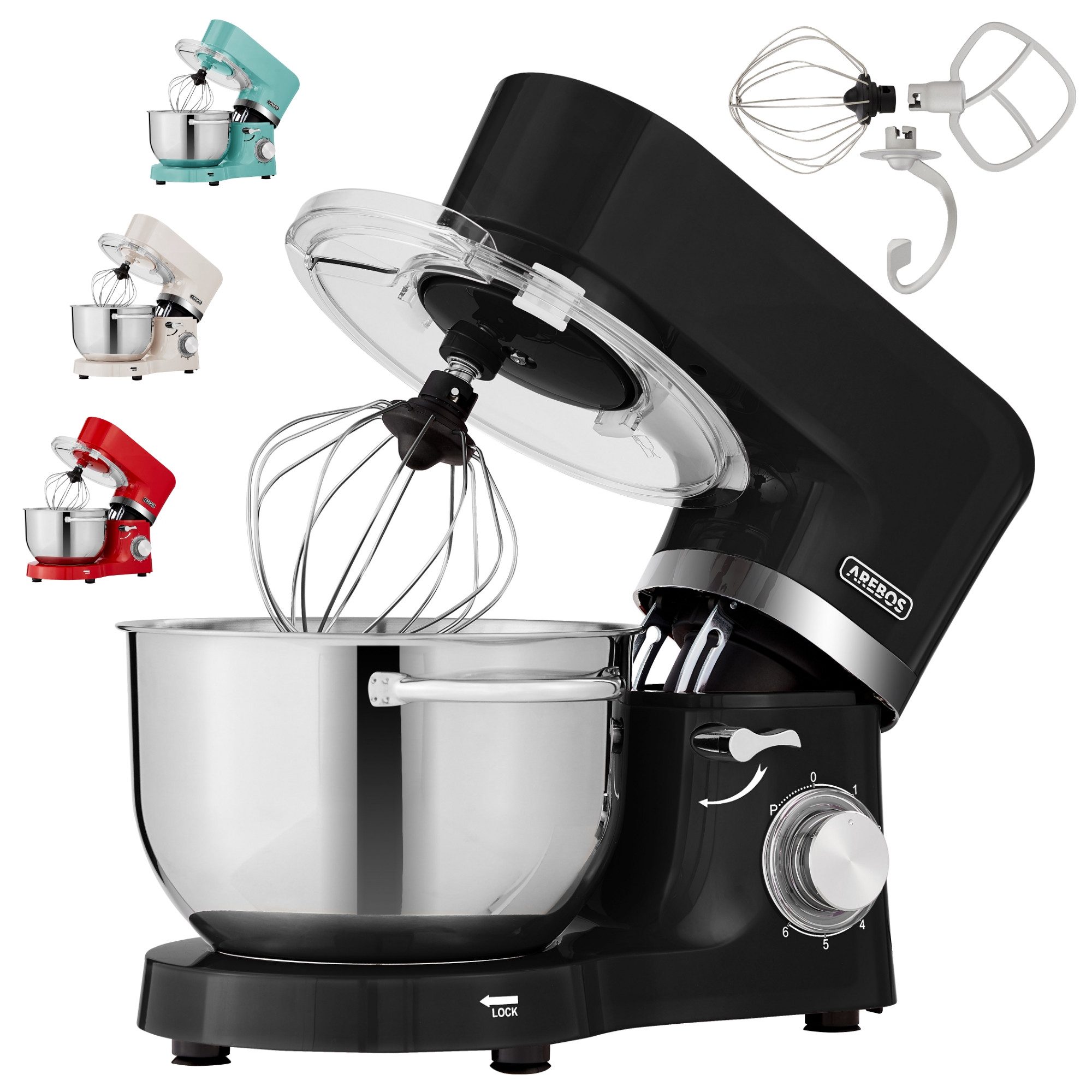 Arebos Küchenmaschine mit 2x Edelstahl-Rührschüsseln 4,5 & 5,5L, 1500 W, 5,50 l Schüssel, Küchenmixer mit Rührhaken, Knethaken, Schlagbesen und Spritzschutz