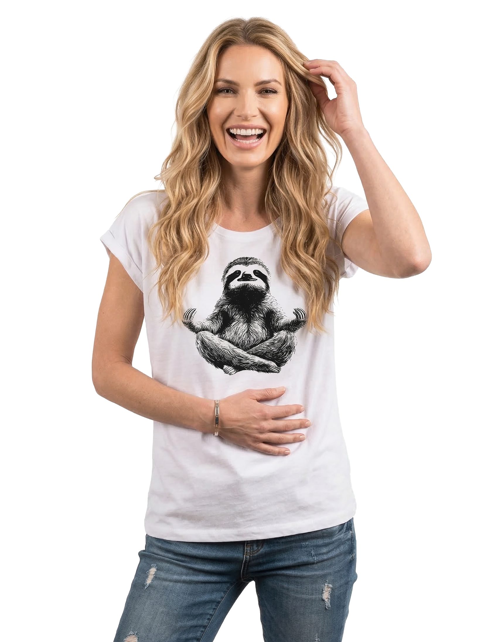 MAKAYA T-Shirt Kurzarm Damen T-Shirt mit lustigem Faultier-Yoga-Aufdruck (Weiß, Rosa, Hellgrau, Grün, Dunkelgrau, 34, 36, 38, 40, 42, 44, 46, 48, 50) Baumwolle