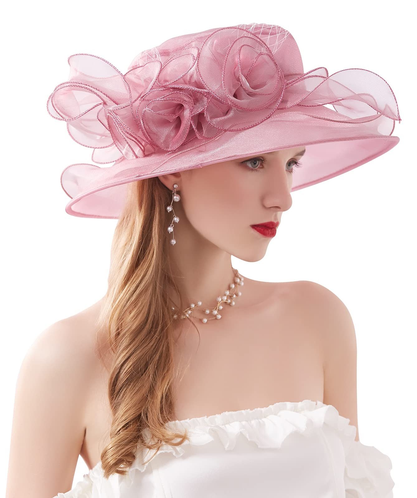 Bwecuy Sonnenhut Damenhut mit breiter Krempe, Blumen- und Blattdekor ideal für Hochzeit, Kirche und Tea Party