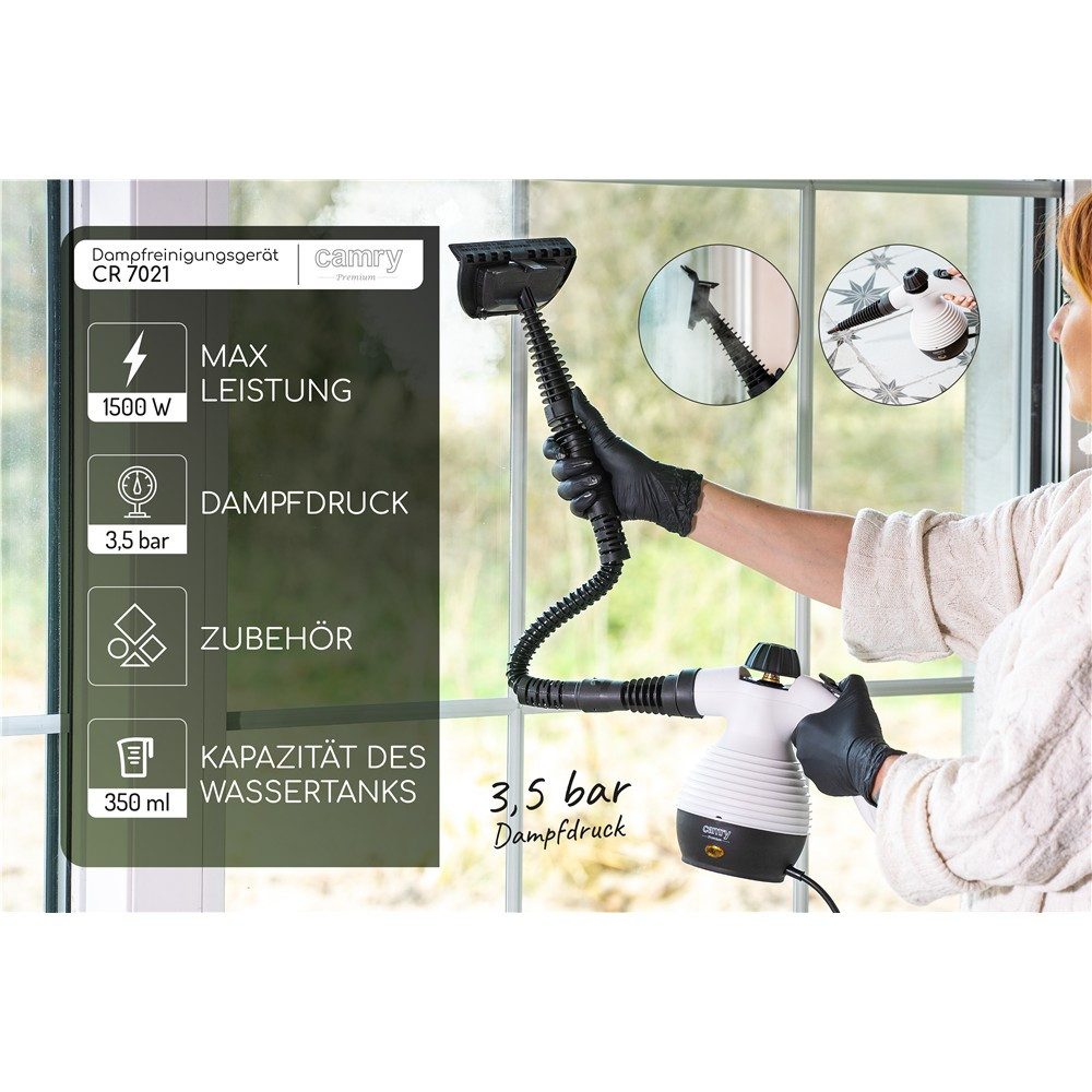Camry Handdampfreiniger CR7021 Fensterreiniger, Dampfreiniger mit 3,5 bar, 1500 W, 350 ml Tank, 10 Zubehörteilen, Fensteraufsatz, für Haushalt, Bad, Auto