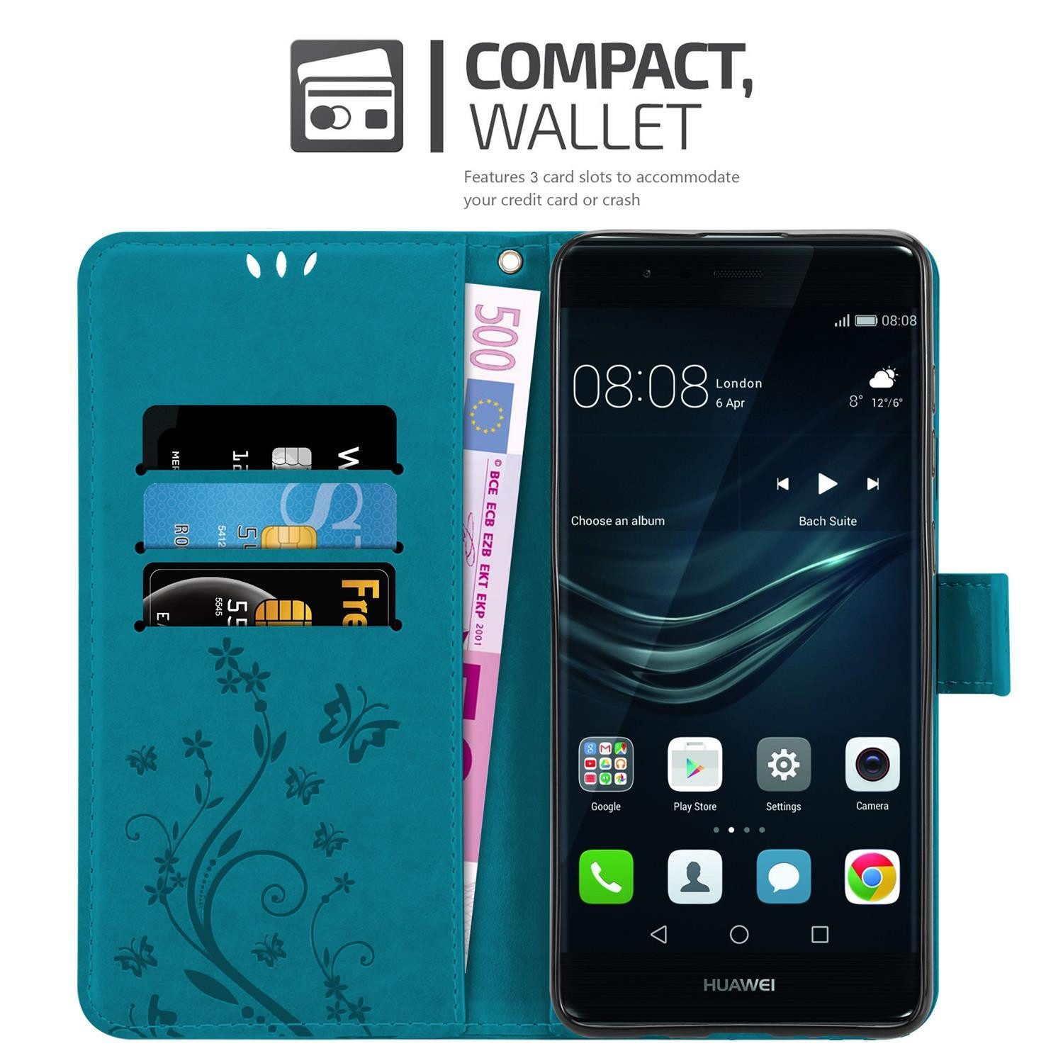 Cadorabo Handyhülle für Huawei P9 PLUS Hülle Huawei P9 PLUS, Hülle Schutzhülle Blumen Flower mit Standfunktion Kartenfach Magnet