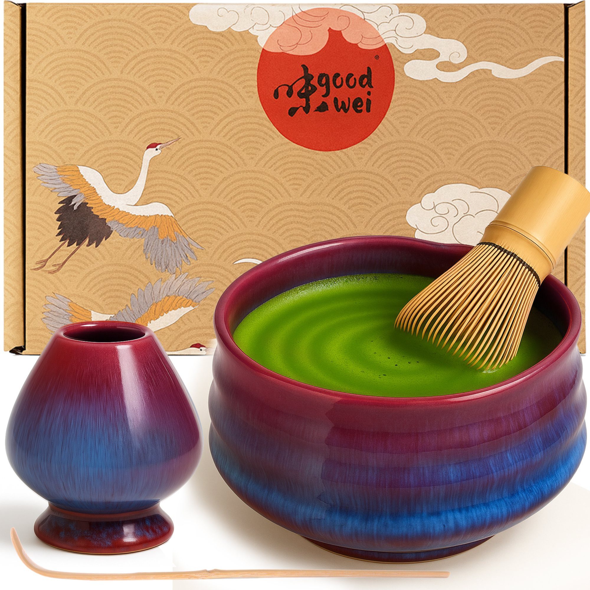 Goodwei Teeservice Matcha-Set "Seiun" mit Teeschale, Matchabesen 80 Borsten, Besenhalter (4-tlg), 1 Personen, Keramik, handgearbeitet