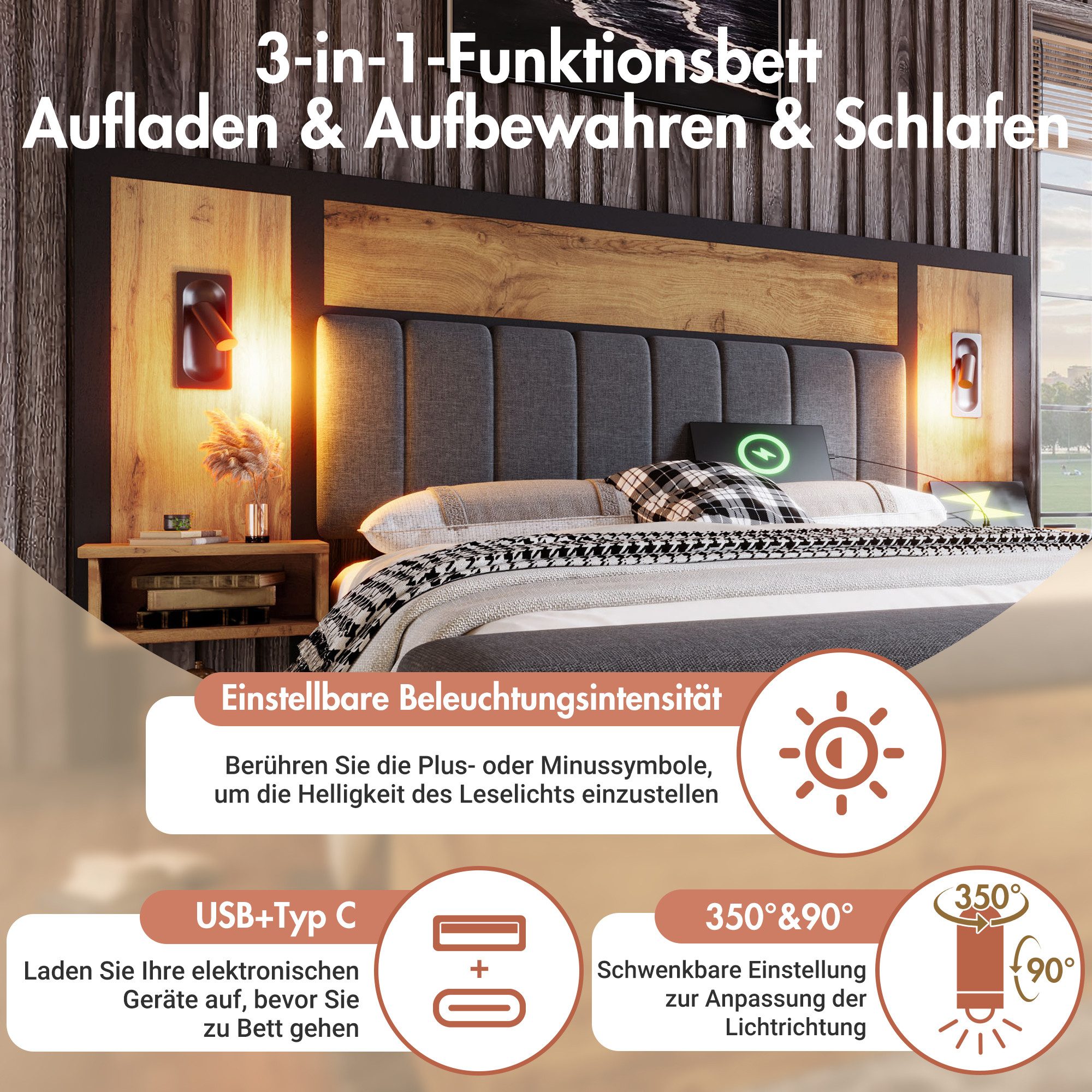 Flieks Holzbett, Doppelbett 160×200cm mit Leselampe, Nachttisch mit Aufladen, Sitzbank