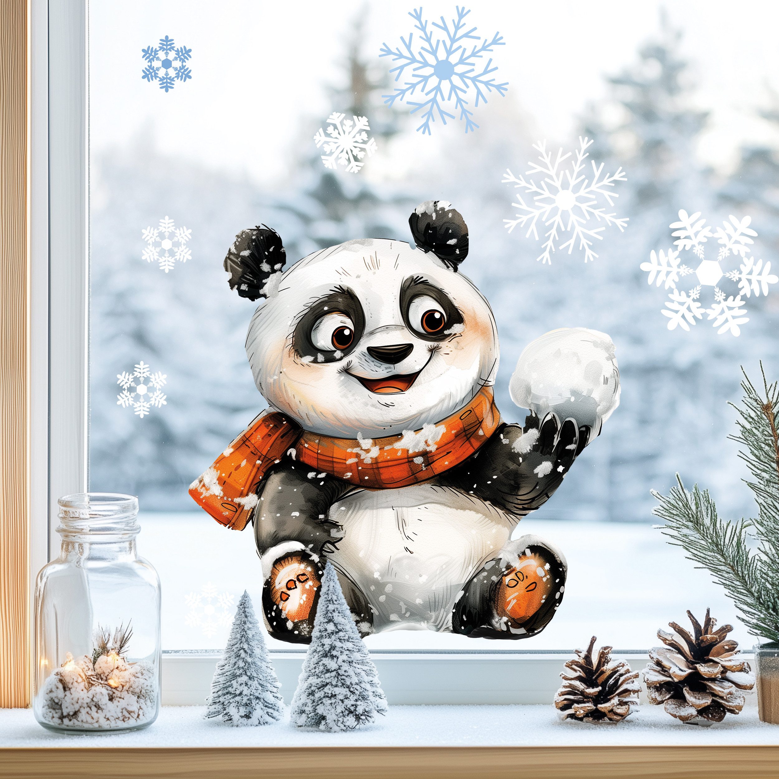 Sunnywall Fensterdekoration Kinderzimmer Fensterbild Winter Panda mit Schneeball, wiederverwendbar, statisch haftend, beidseitiger Druck