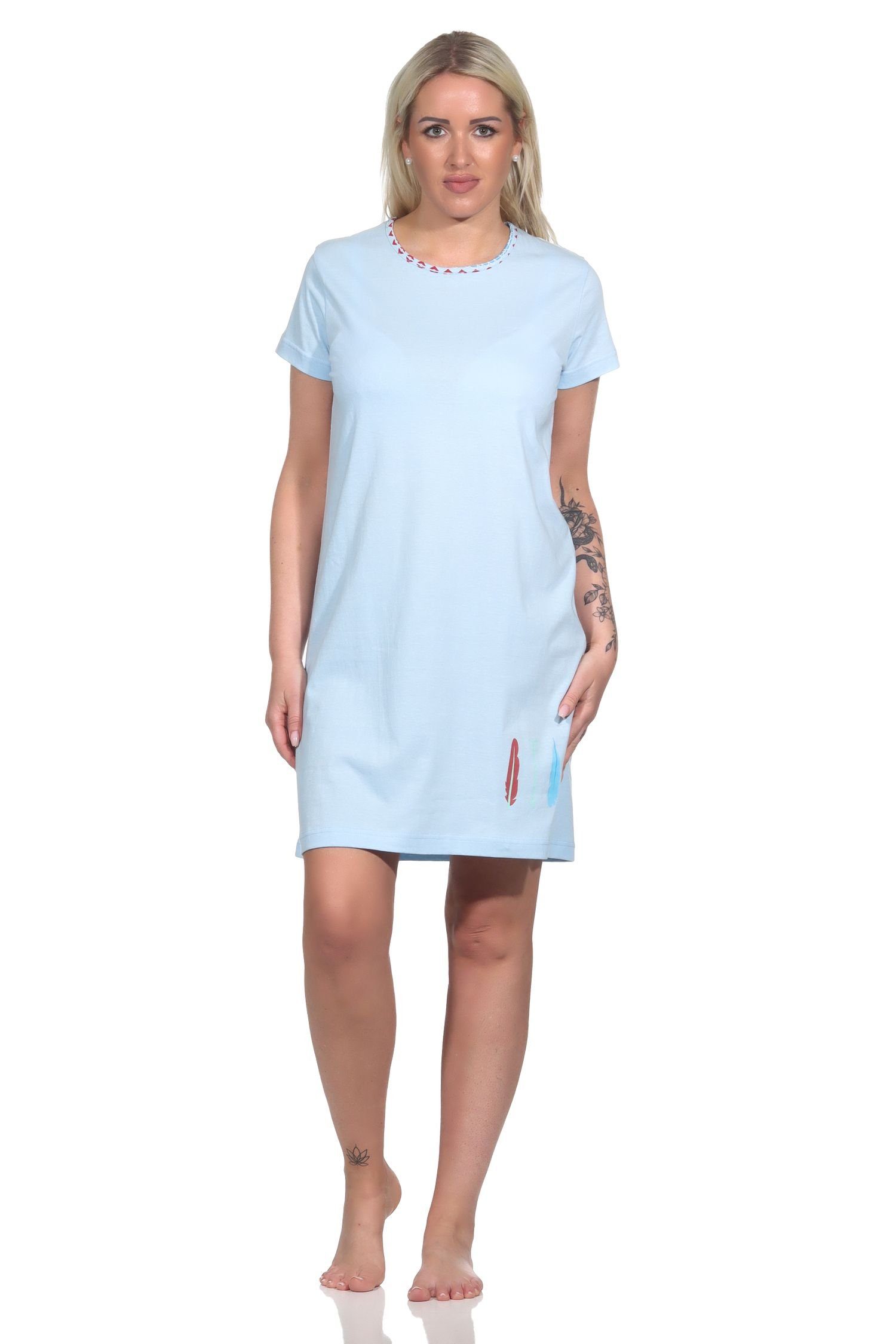 RELAX by Normann Nachthemd Damen Nachthemd halbarm, Bigshirt mit Feder- und Pfeil-Motiv blau | Nachthemden