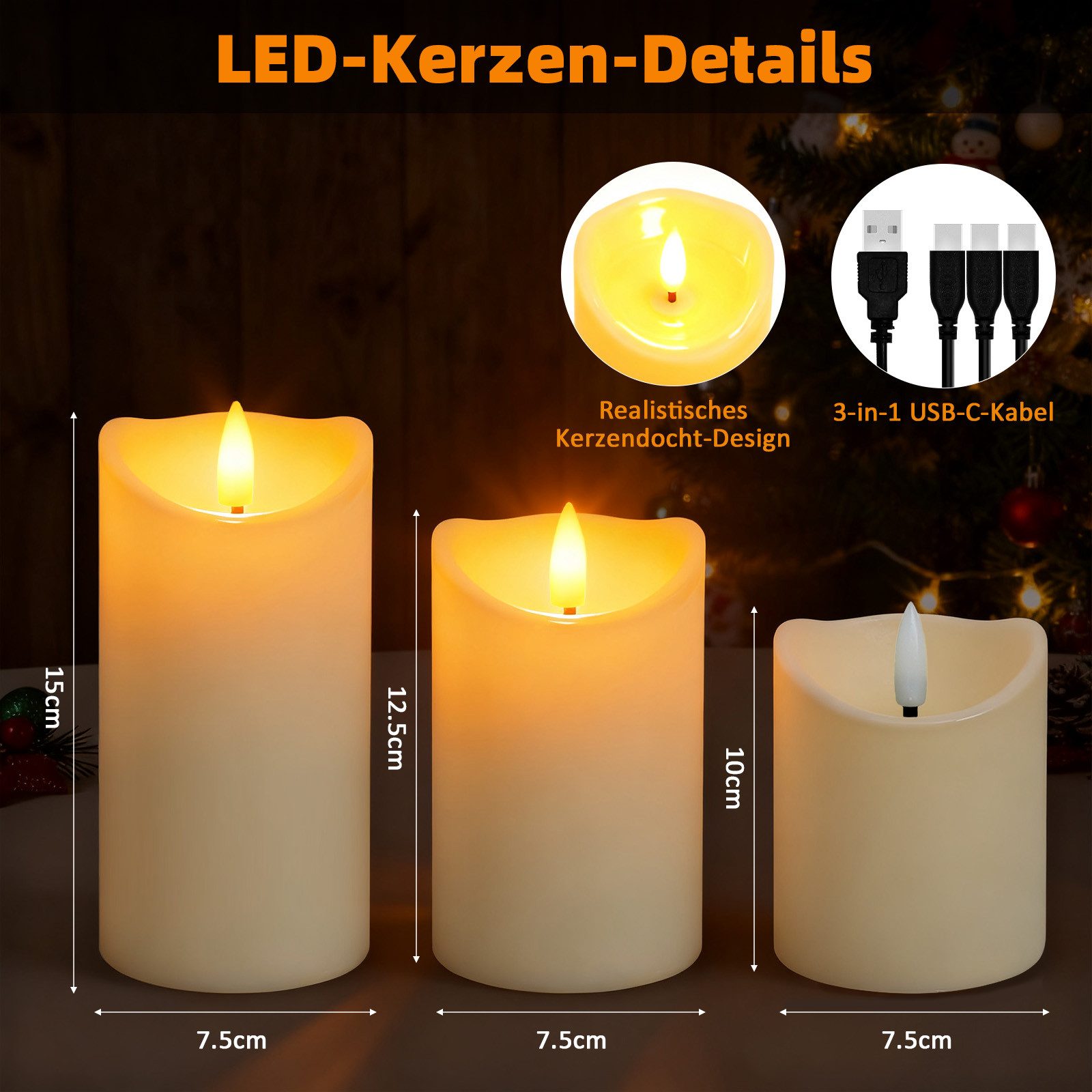 OZAVO LED-Kerze 3er set Aufladbar LED Kerzen mit Fernbedienung & Timer, Warmweiß, Bis zu 70 Stunden Betriebszeit, zwei Modi, Flammenlose Flackernde kerzen für H – Bild 5 von 5