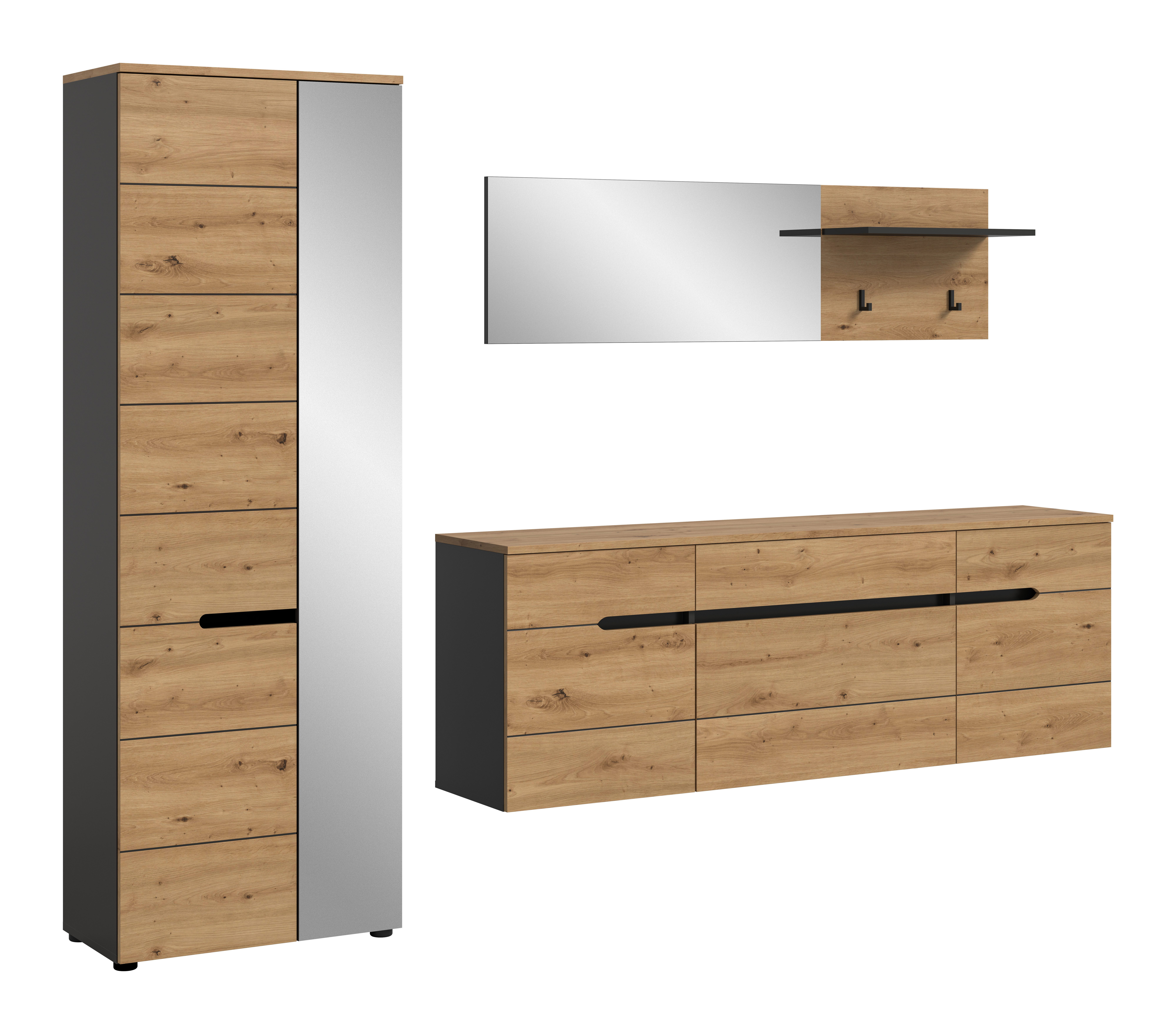furnling Garderoben-Set Cano, (3-St., hängender Garderobenschrank, Garderobenschrank, Paneel mit Spiegel), Flurmöbel, 2 Haken, Soft-Close, pflegeleichte MDF-Front, Breite 256 cm