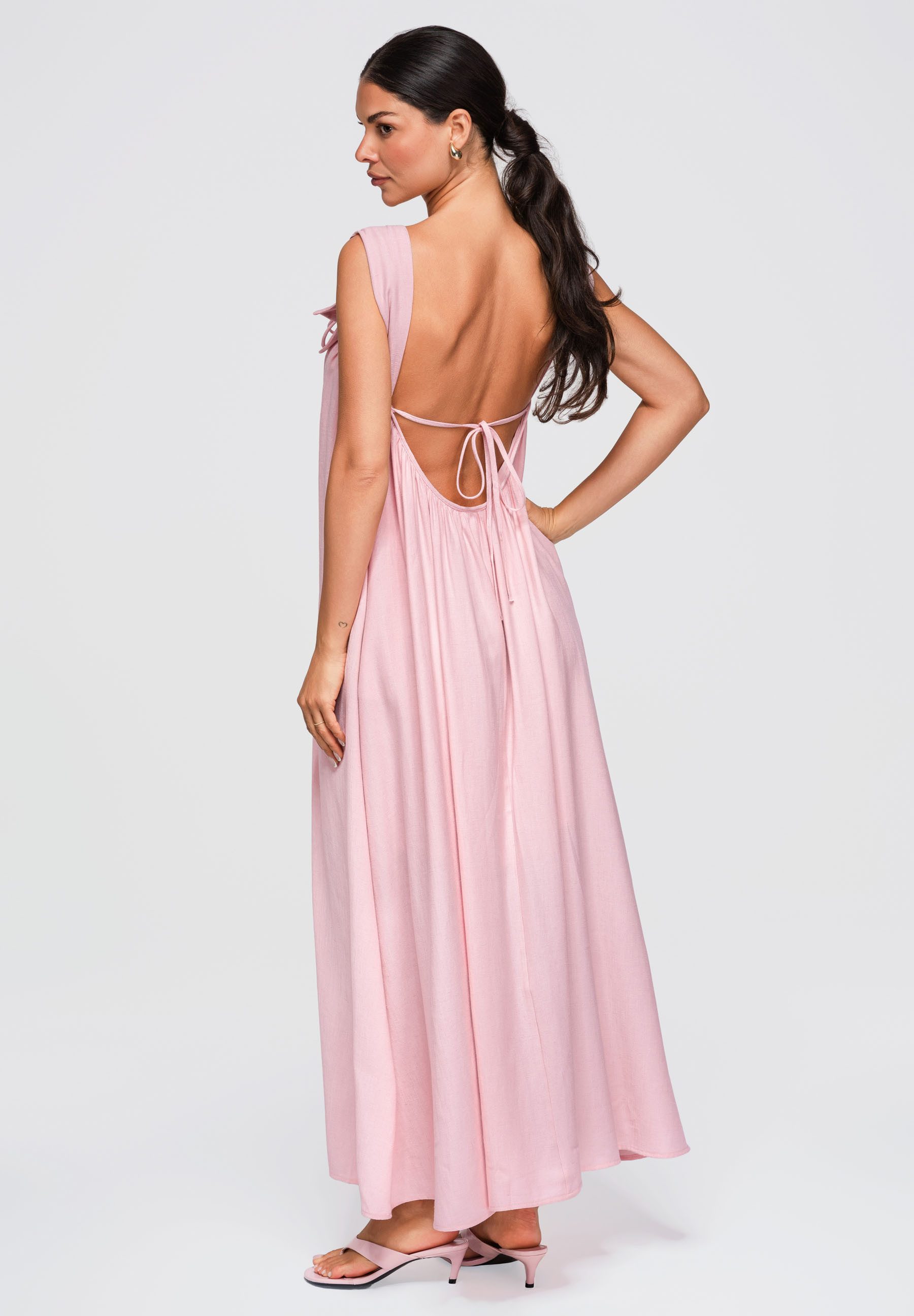 OMBRE Maxikleid Damen Maxikleid mit weitem Schnitt und V-Ausschnitt Rose S (kein Set, 1-tlg) Taschen in den Seitennähten