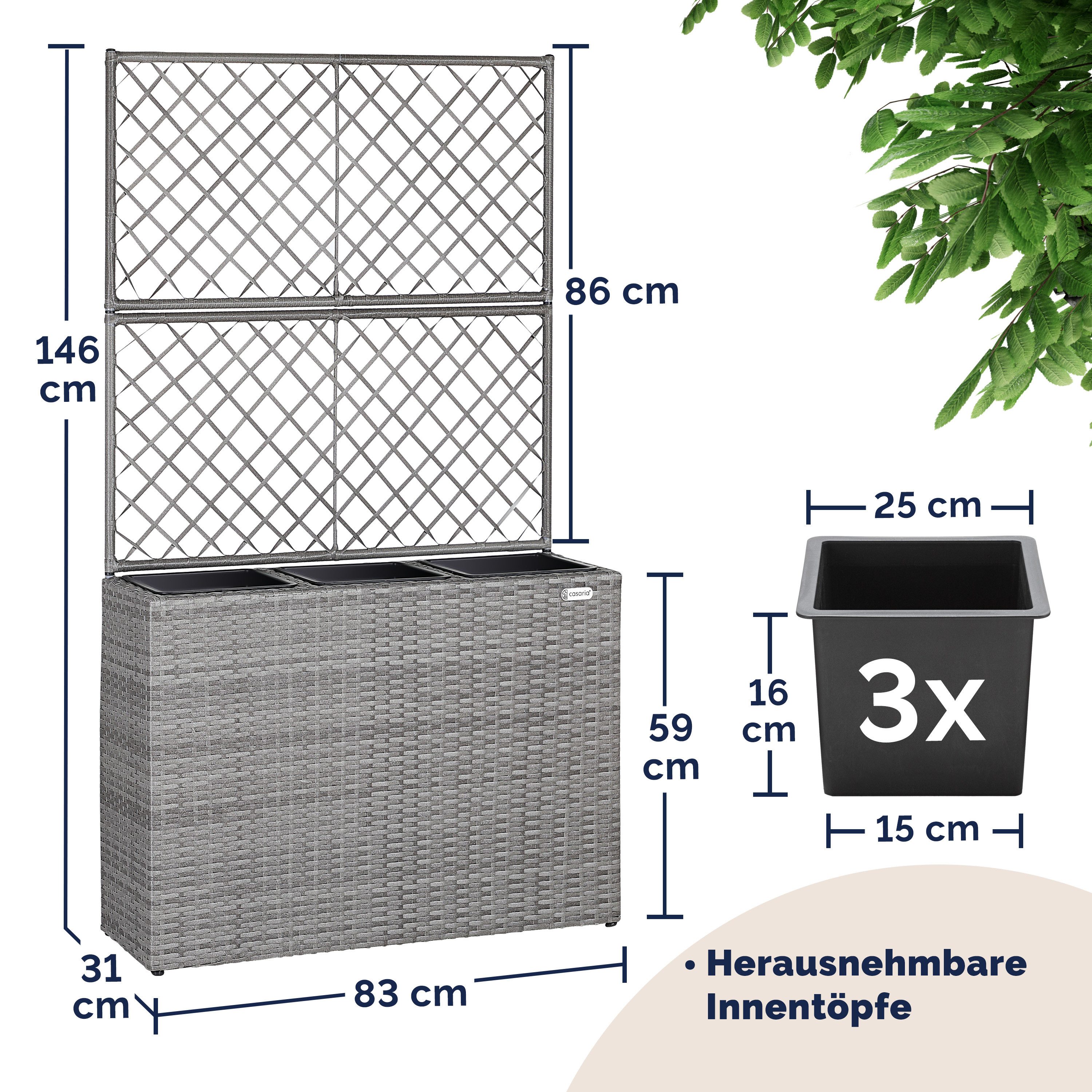 Casaria Blumenkasten, Blumenkasten Rankgitter 3 Innentöpfe Polyrattangeflecht Rankhilfe
