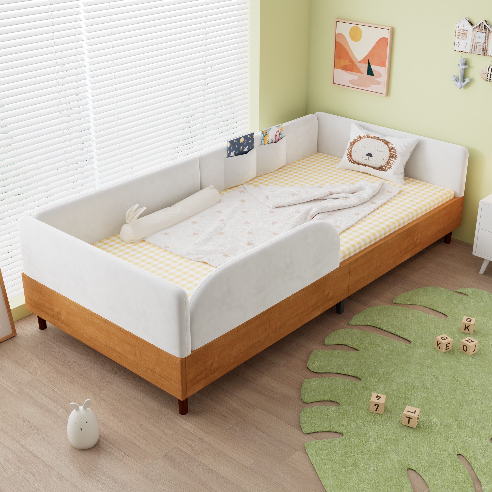 Flieks Polsterbett, Kinderbett Einzelbett 90x200cm Samt & Holz Design mit 2 Stautaschen