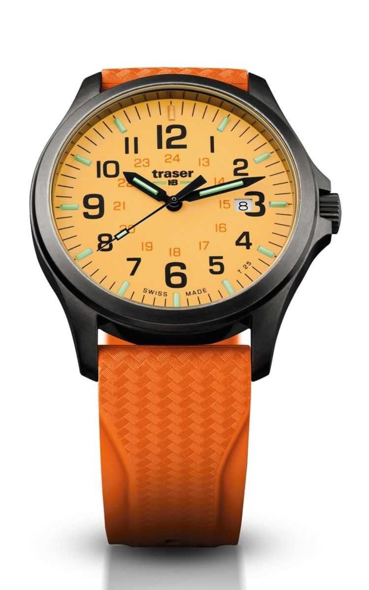 - mm, GunMetal Traser - P67 42 107423 Pro Quarzuhr trigalight® Officer Orange Kautschukband selbstleuchtendem Herrenuhr mit