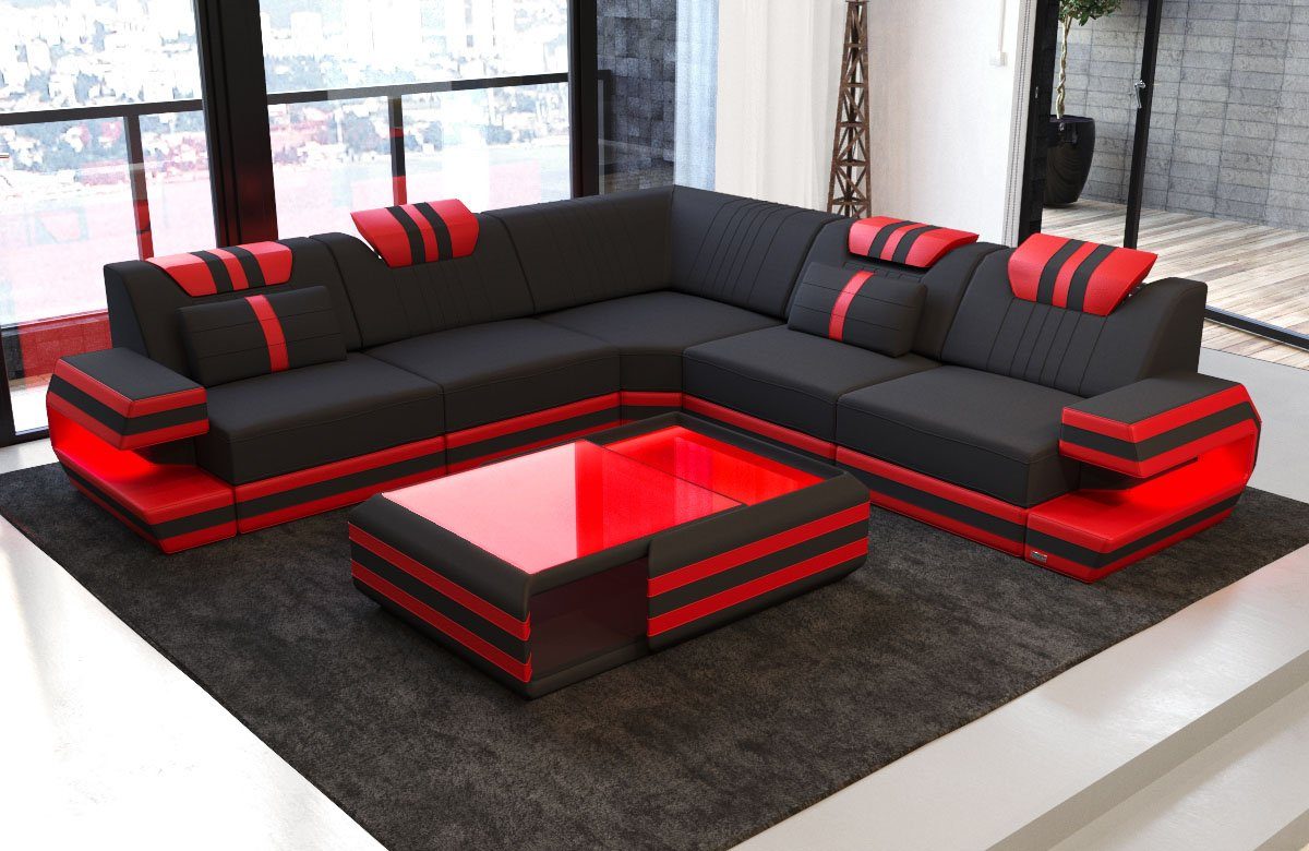 Sofa Dreams Ecksofa Design Polsterstoff Sofa Ragusa L Form M Mikrofaser Stoffsofa, Couch wahlweise mit Hocker schwarz-rot