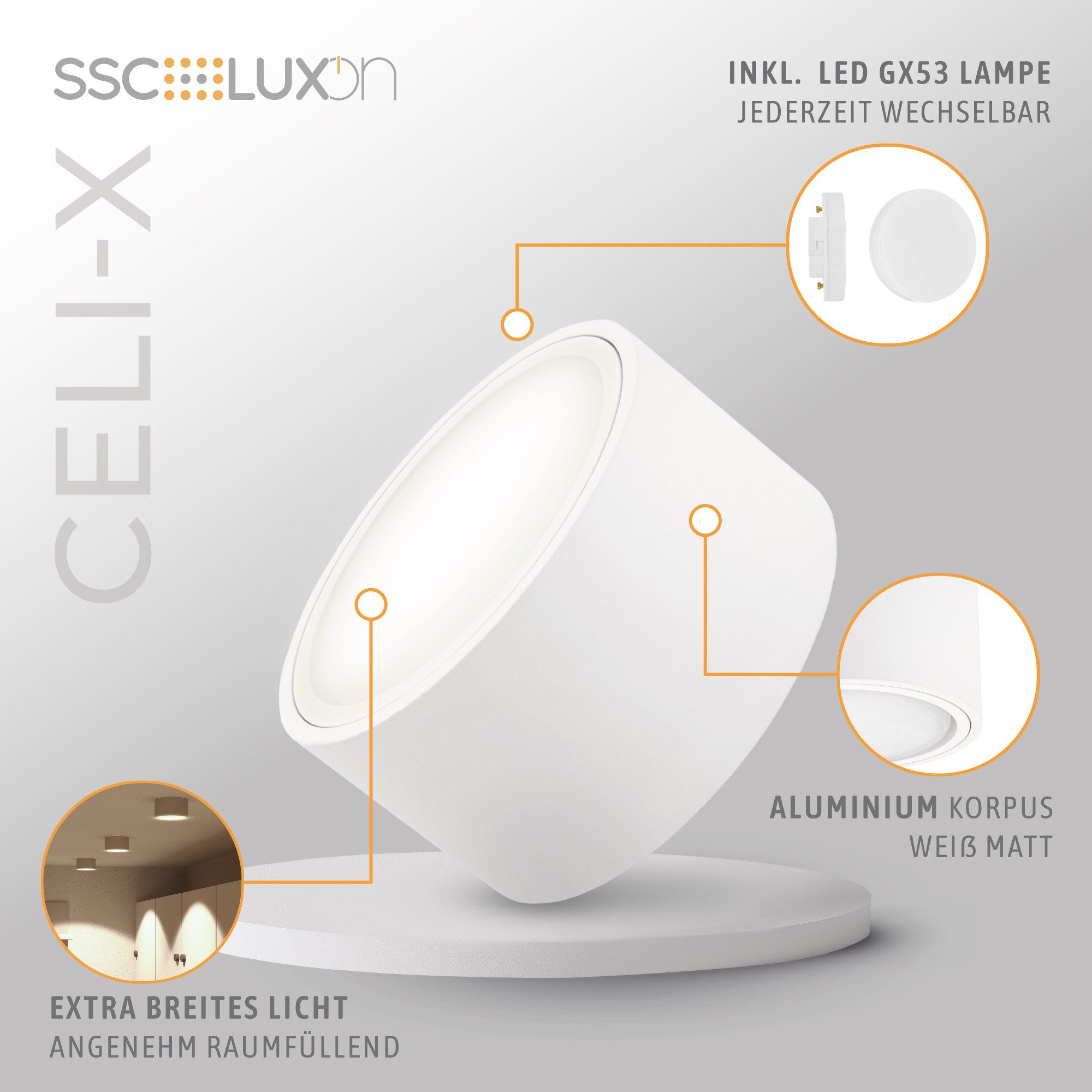 SSC-LUXon LED Aufbaustrahler CELI-X flache Aufbauleuchte mit LED GX53 3W neutralweiss Spot in rund, Neutralweiß