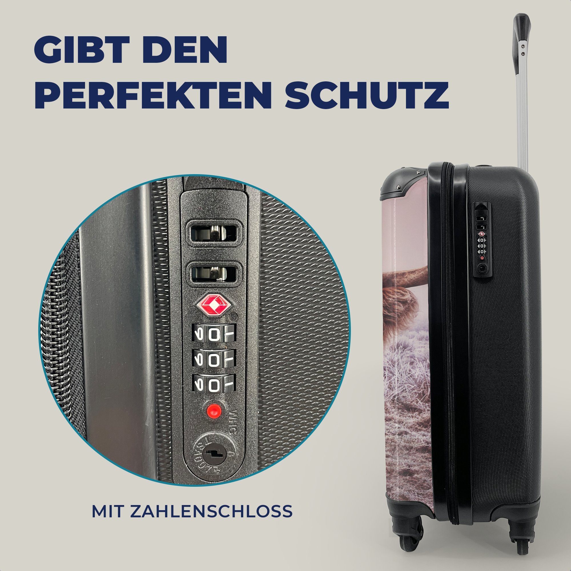 MuchoWow für Ferien, - Rollen, Reisetasche Handgepäck 4 Handgepäckkoffer Highlander Reisekoffer Schnee - Trolley, mit rollen, Sonne, Schottische