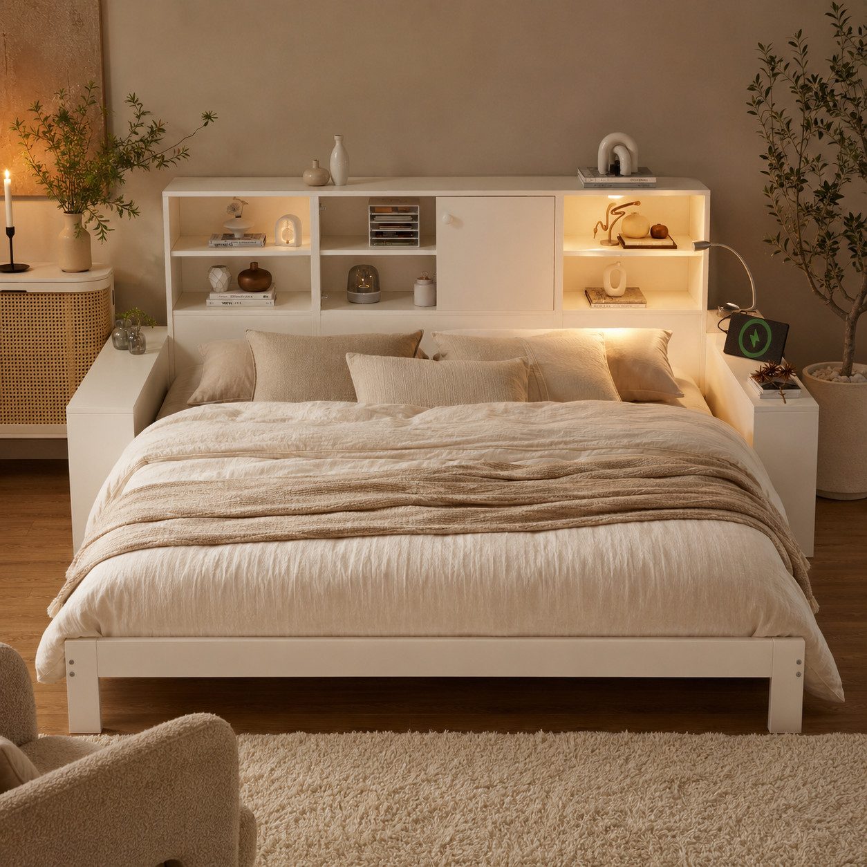 MODFU Stauraumbett Ausziehbett 90/180x200 cm mit Stauraum und USB-/Type-C-Anschlüssen (Tagesbett, Doppelbett & Jugendbett, 1-tlg., Weißes Holz-Tagesbett mit Ausziehfunktion, Integrierte Doppeltüren), Ideal als Stauraum- & Jugendbett, ohne Matratze