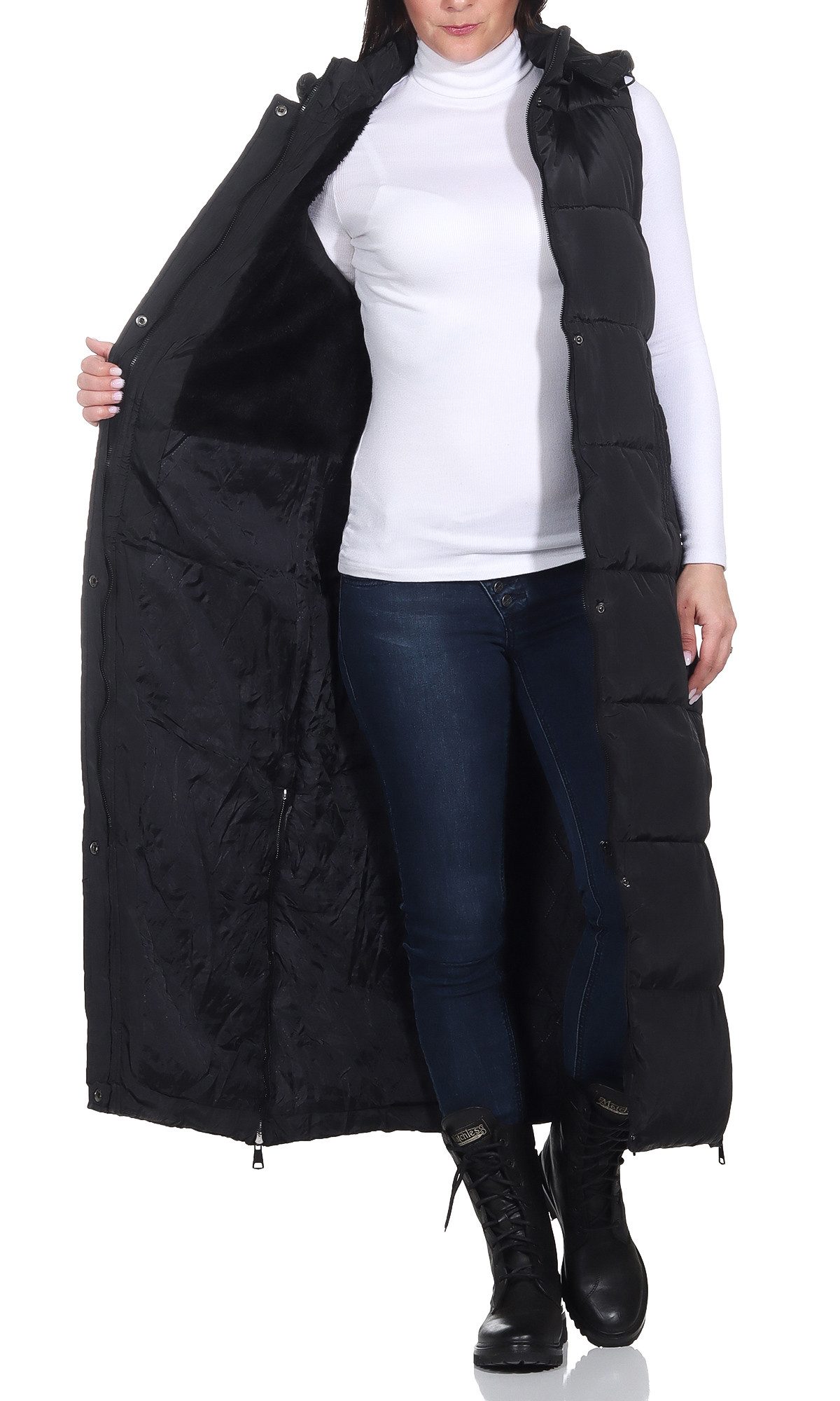 Aurela Damenmode Longweste Damen Steppweste Lange Weste gefüttert in großen Größen erhältlich, Polarfleece gefüttert, extra lang