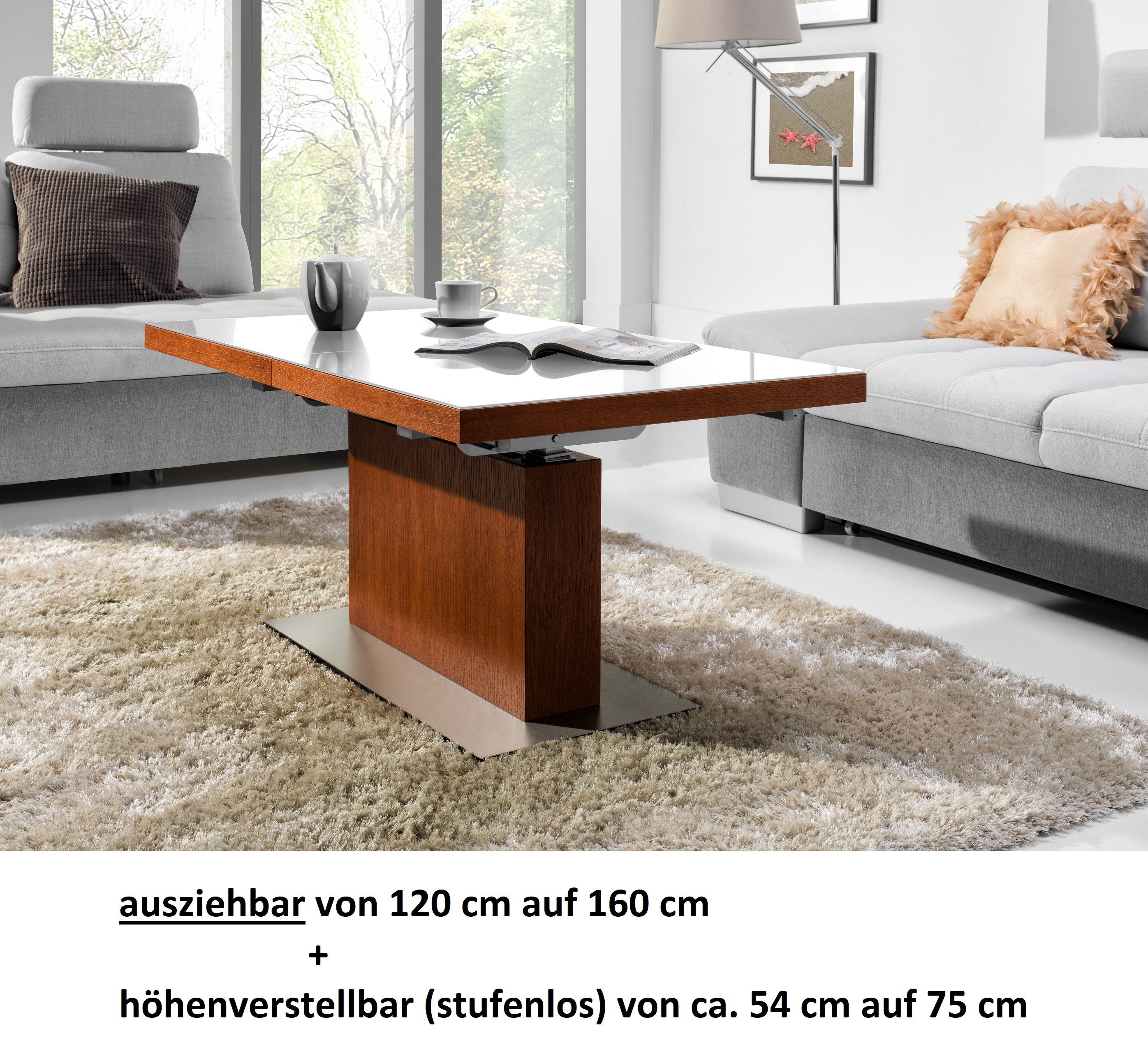 Weißglas Design Kirschbaum designimpex / höhenverstellbar MN-3 | Kirschbaum ausziehbar & Milchglas Couchtisch Weißglas