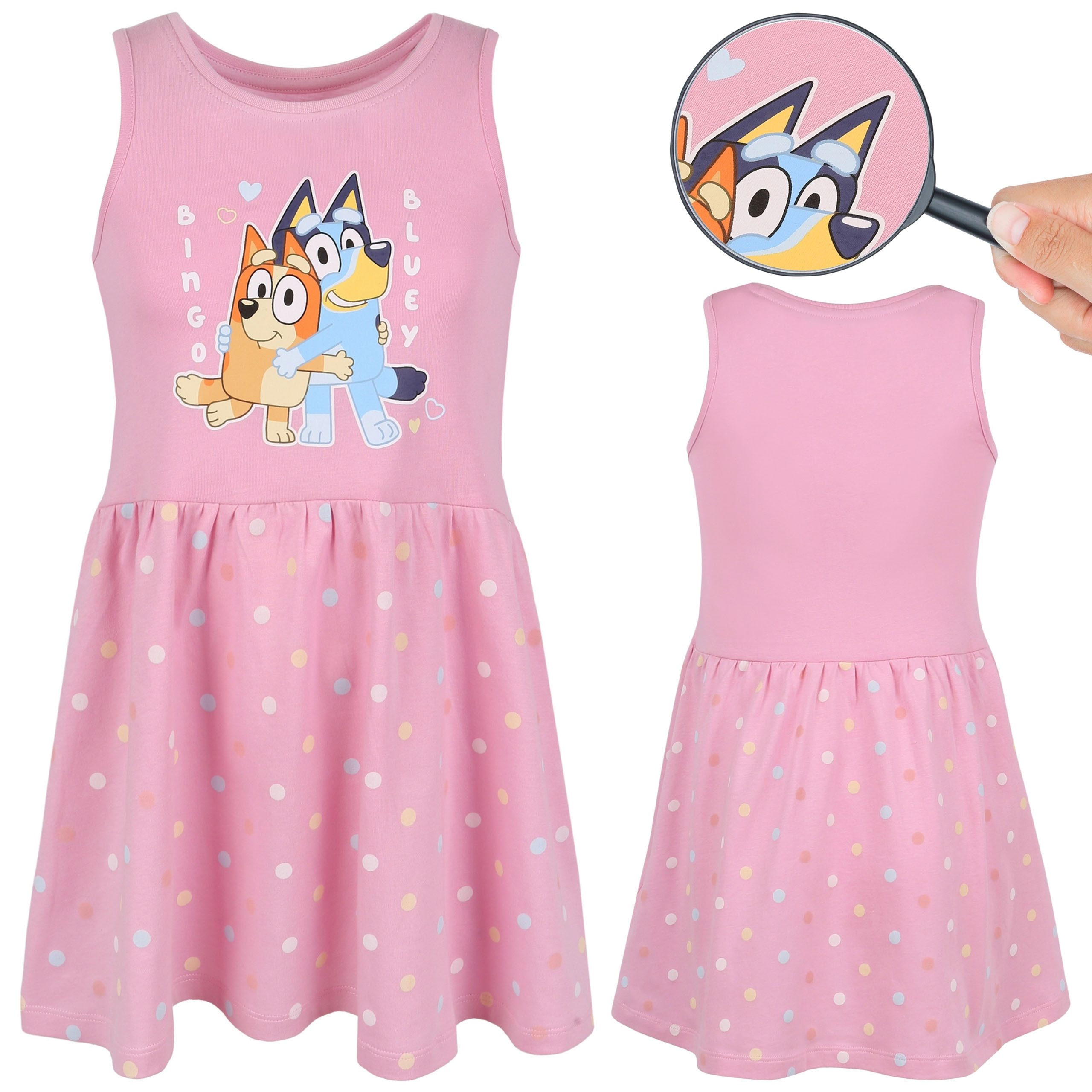 Sommerkleid Bluey Bingo Kleid für Mädchen aus Baumwolle, rosa, mit Trägern