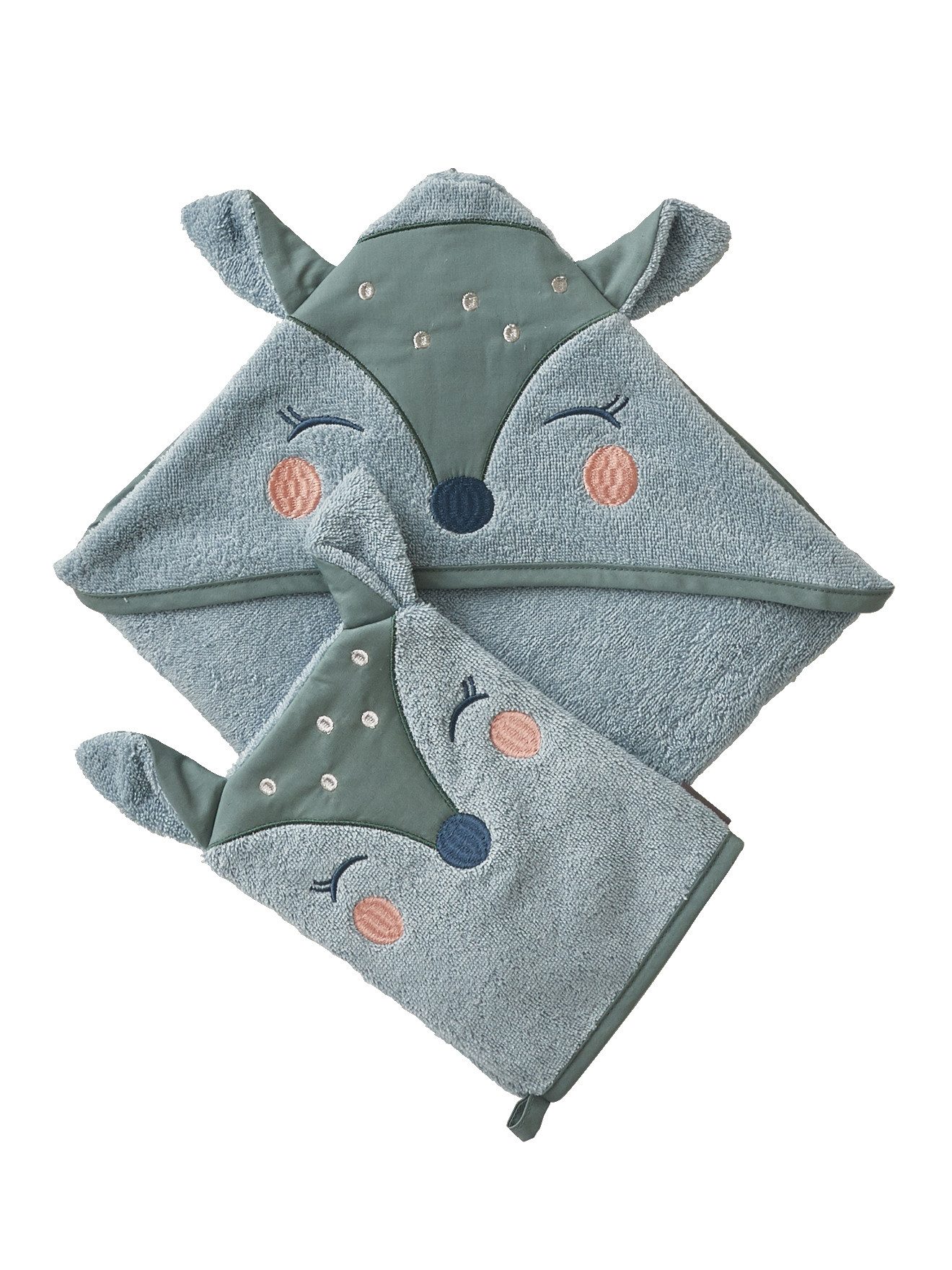 vertbaudet Kapuzenhandtuch Baby-Set: Badetuch und Waschhandschuh REH