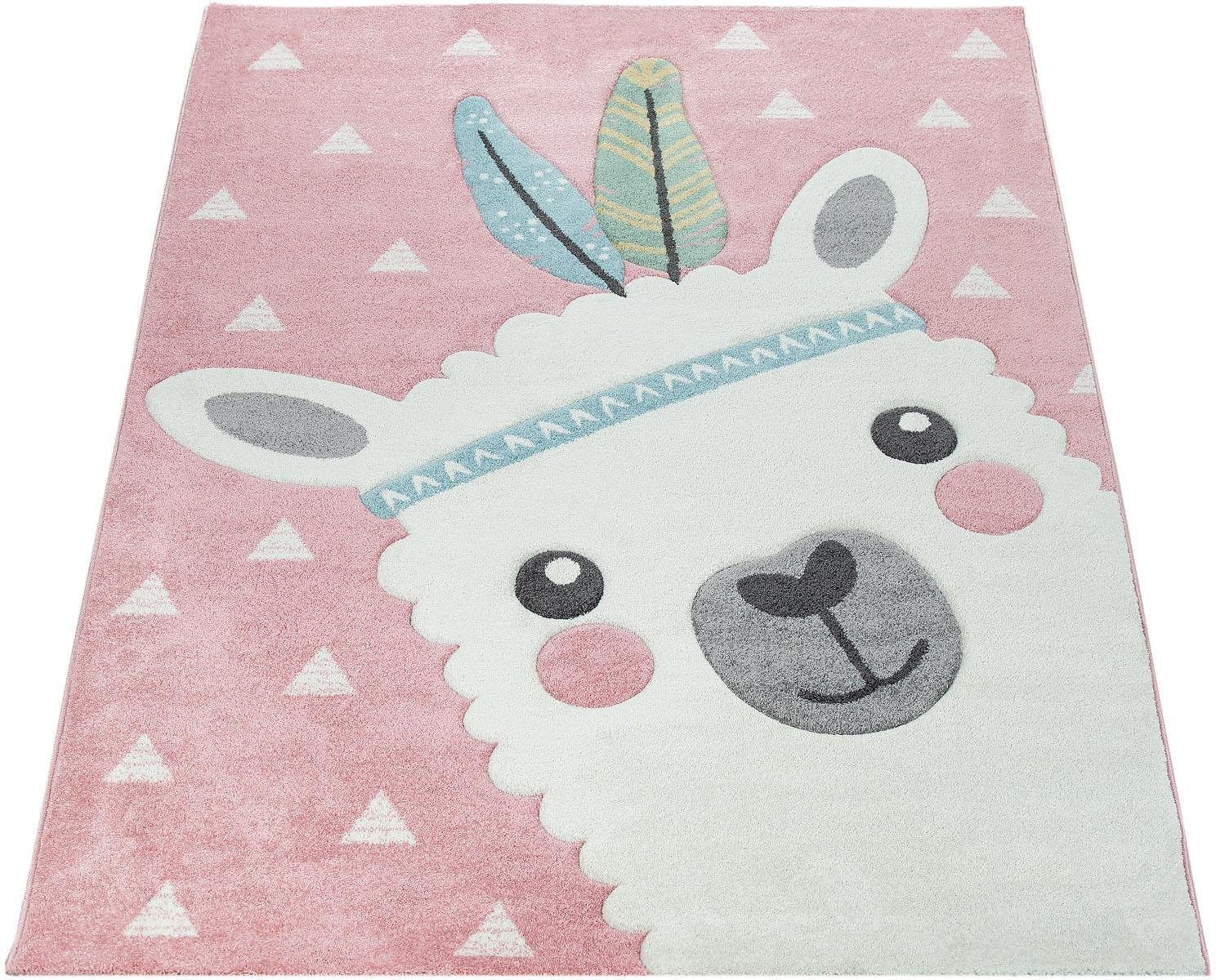 Paco Home Kinderteppich Ela 214, rechteckig, Höhe: 17 mm, 3D-Design, Motiv Lama, Pastell-Farben, Kinderzimmer