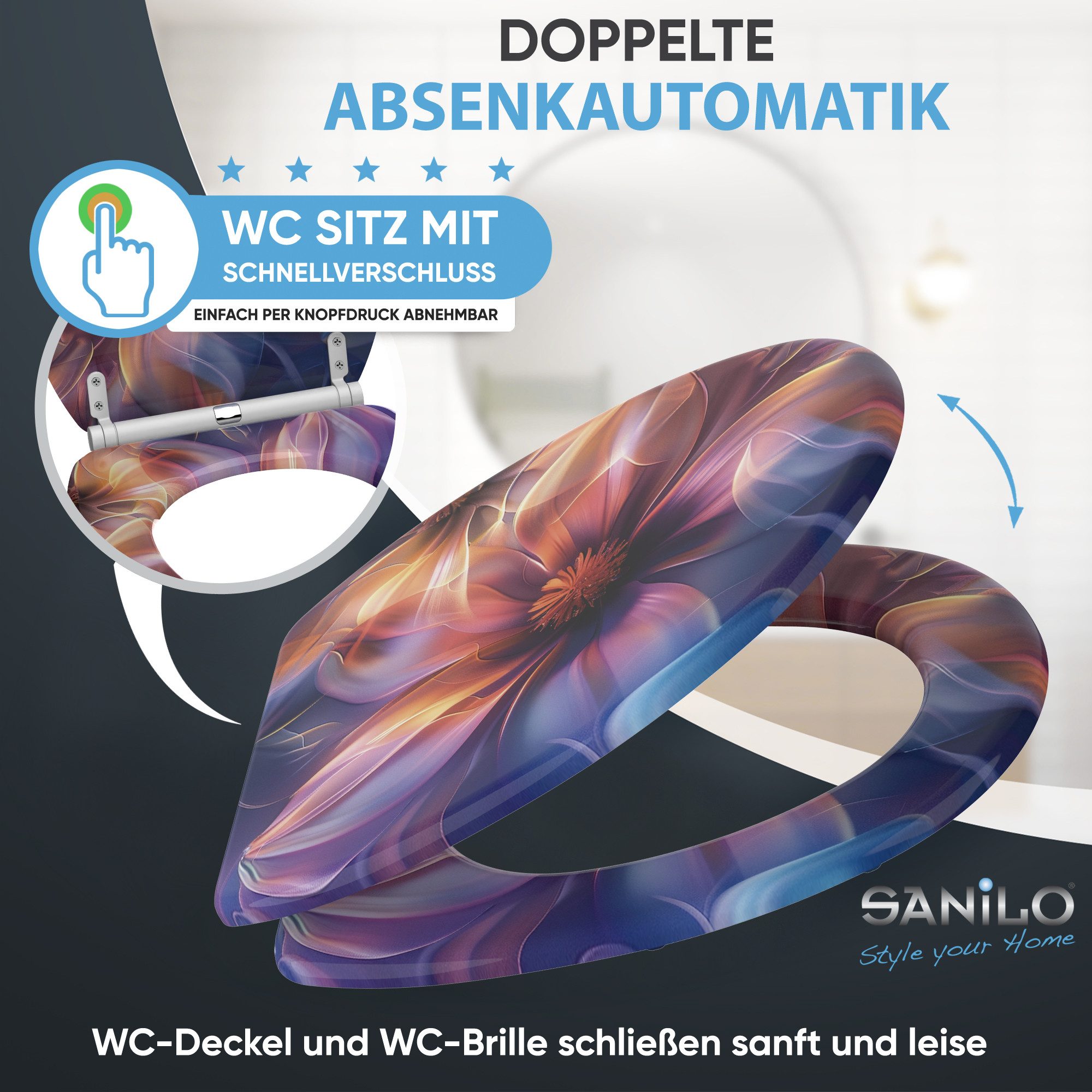 Sanilo WC-Sitz mit Absenkautomatik & Top Fix in vielen Designs, hochwertig, abnehmbar, leichte Montage von oben, mit Schraubenzieher