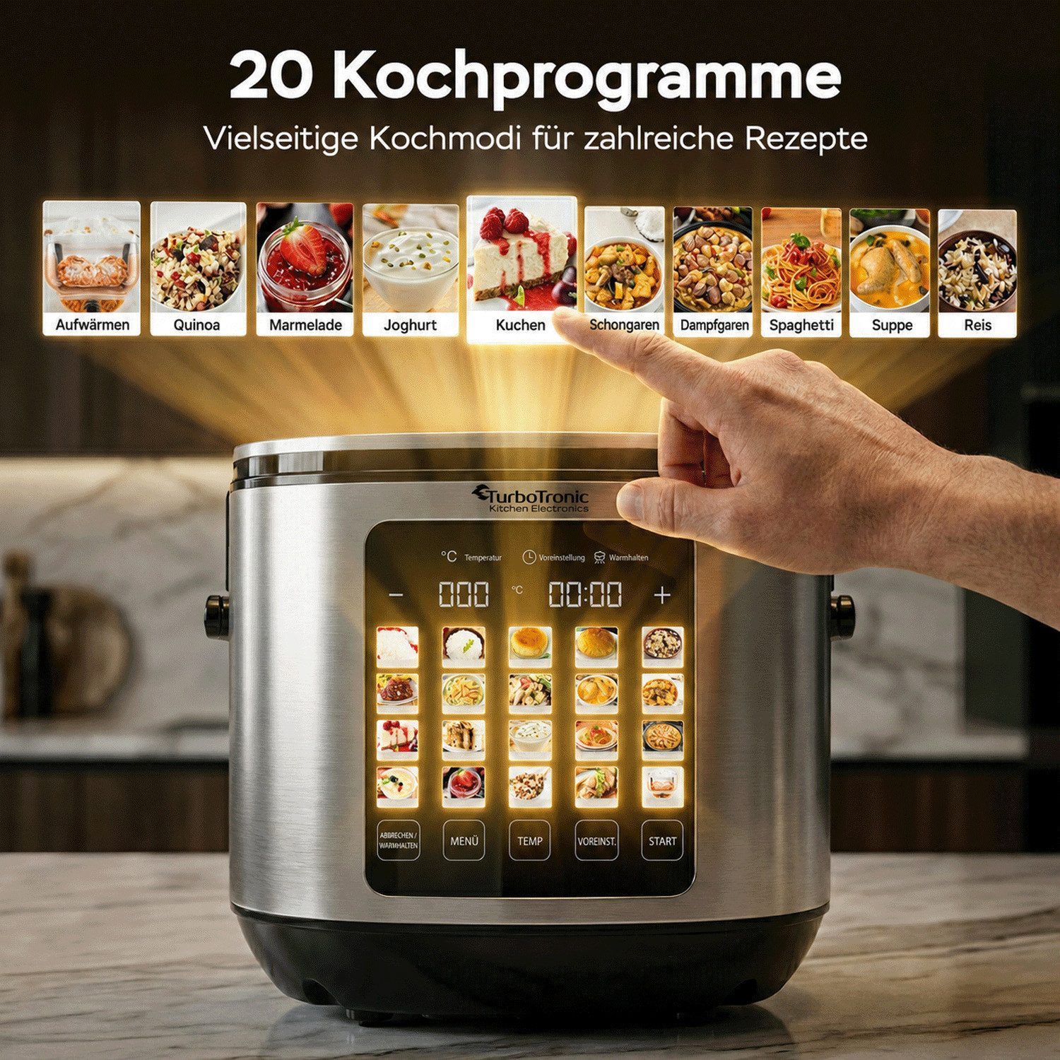 TurboTronic by Z-Line Multikocher elektrischer Dampf- und Schongarer Reiskocher Slow Cooker Silber, 860 W, 5 l Schüssel, 20in1 Schnellkochtopf perfekter Reis 5l Topf Keramikbeschichtung