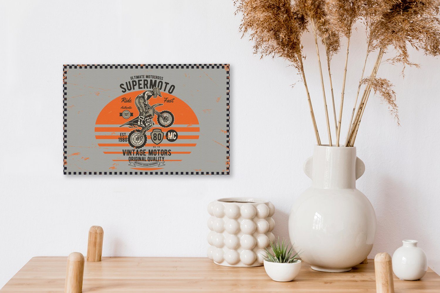 (1 cm Grau, - OneMillionCanvasses® - Vintage Mancave Leinwandbilder, - Motorrad Wandbild - Leinwandbild Orange 30x20 St), Wanddeko, Aufhängefertig,
