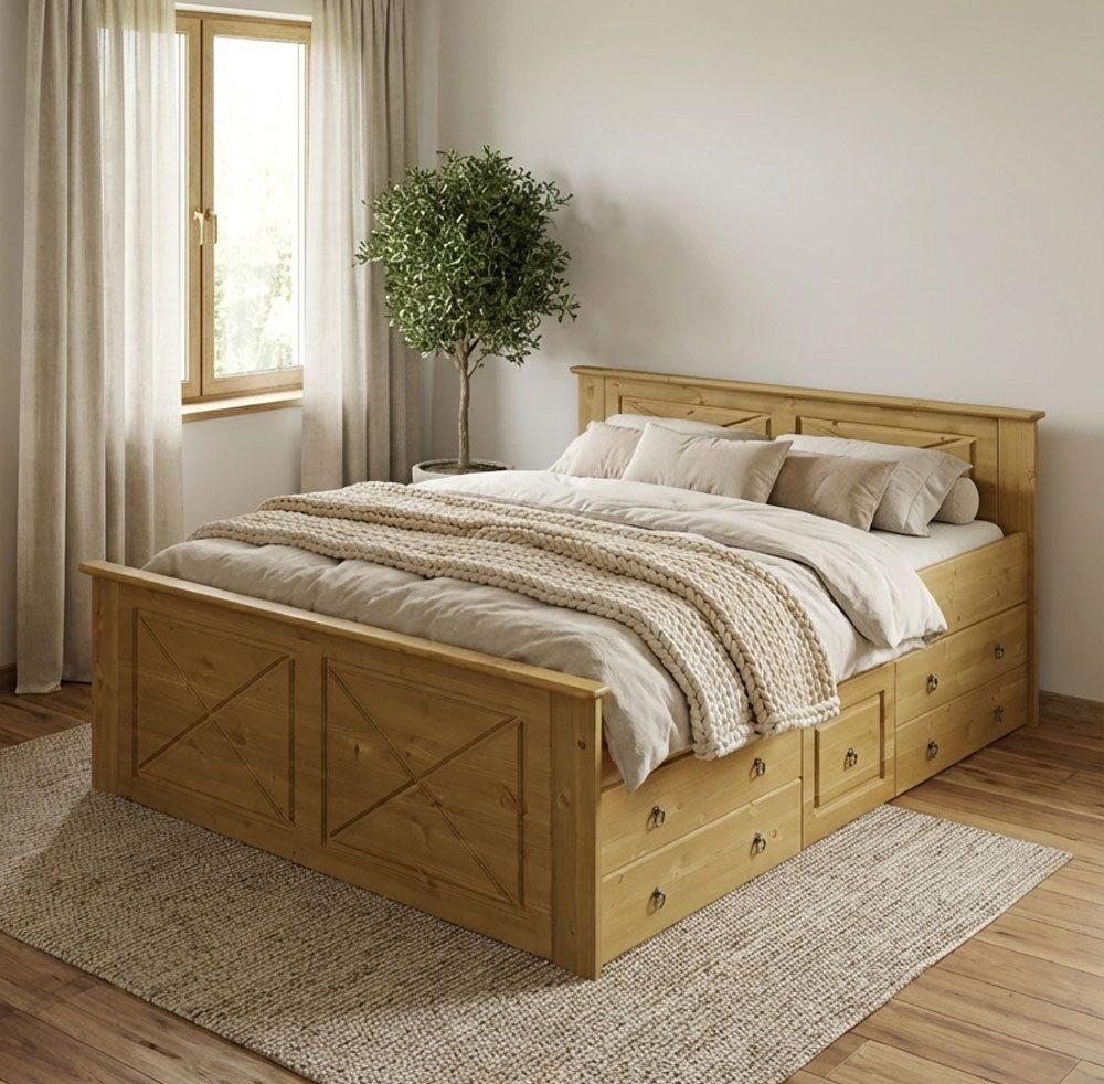 OTTO home Massivholzbett Hugo, FSC® zertifiziertes Massivholz, optionaler Stauraum/ Bettkästen (B/T/H: 153/208/84 cm, Liegefläche 140x200), aus massiver Kiefer, – Bild 3 von 5