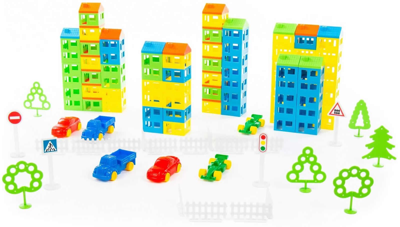 Polesie Konstruktionsset Meine Stadt 410-tlg. mit Haus-Bausätze Autos Bäume Spielbausteine, (410 St)
