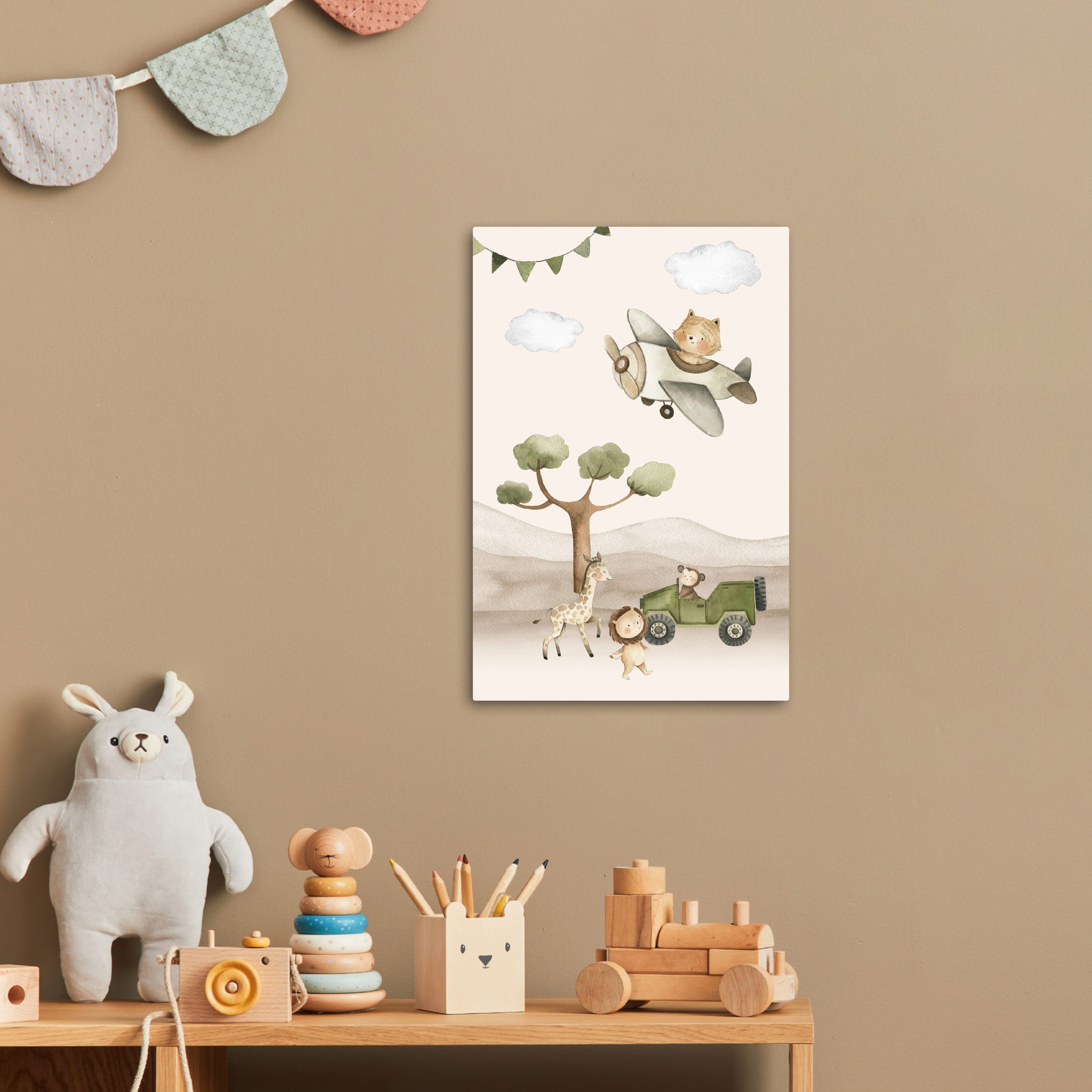 OneMillionCanvasses® Leinwandbild Wilde Tiere - Safari - Aquarell - Flugzeug, Fotodruck (1 St), Kinderzimmer Deko, Mädchen und Jungen Bilder 20x30 cm – Bild 2 von 5