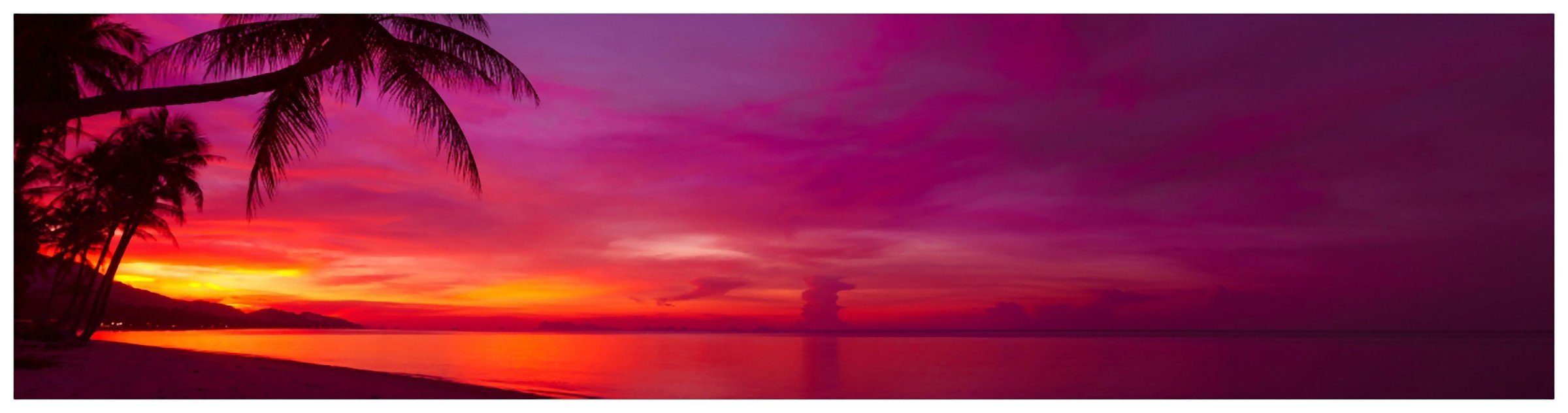 Palmen Abendrot Wallario (1-tlg) Küchenrückwand Himmel - Strand, am pinker unter
