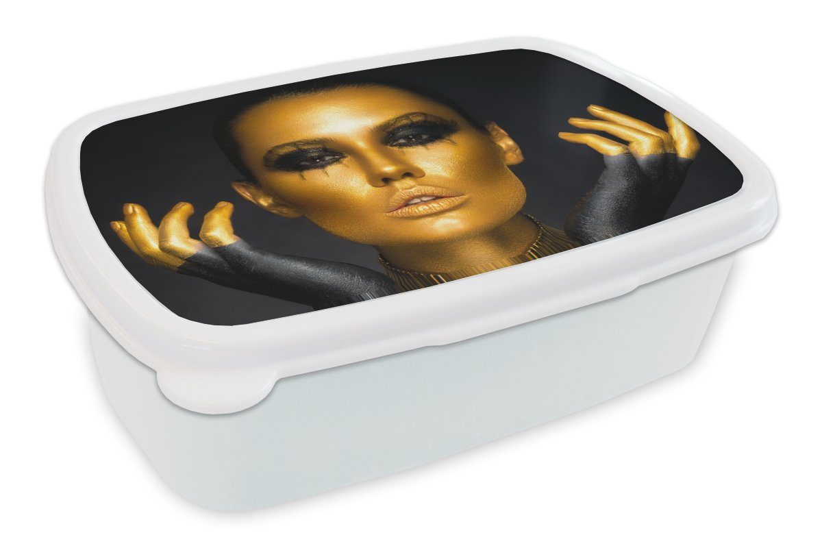 MuchoWow Lunchbox Frau - Porträt - Gold - Luxus - Schwarz, Kunststoff, (2-tlg), Brotbox für Kinder und Erwachsene, Brotdose, für Jungs und Mädchen weiß