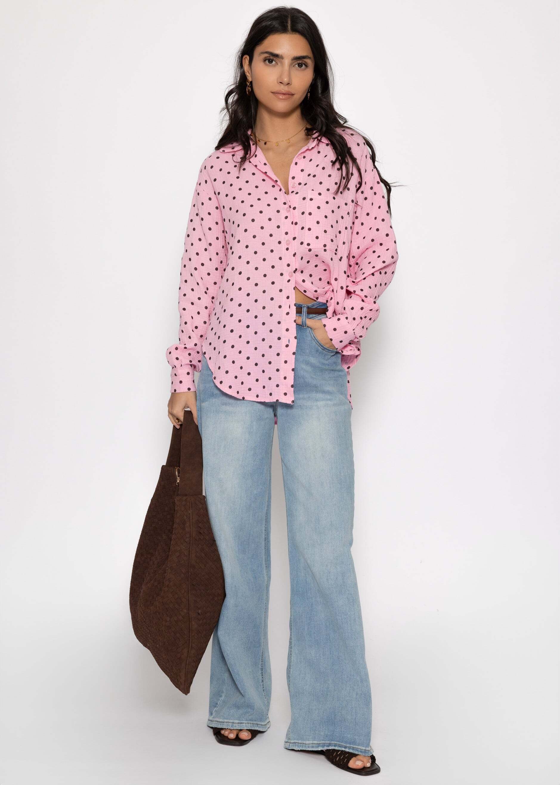 SASSYCLASSY Longbluse Oversize Musselin Bluse mit Punkten für Damen Leichte Bluse aus Baumwolle mit V-Ausschnitt und Brusttasche