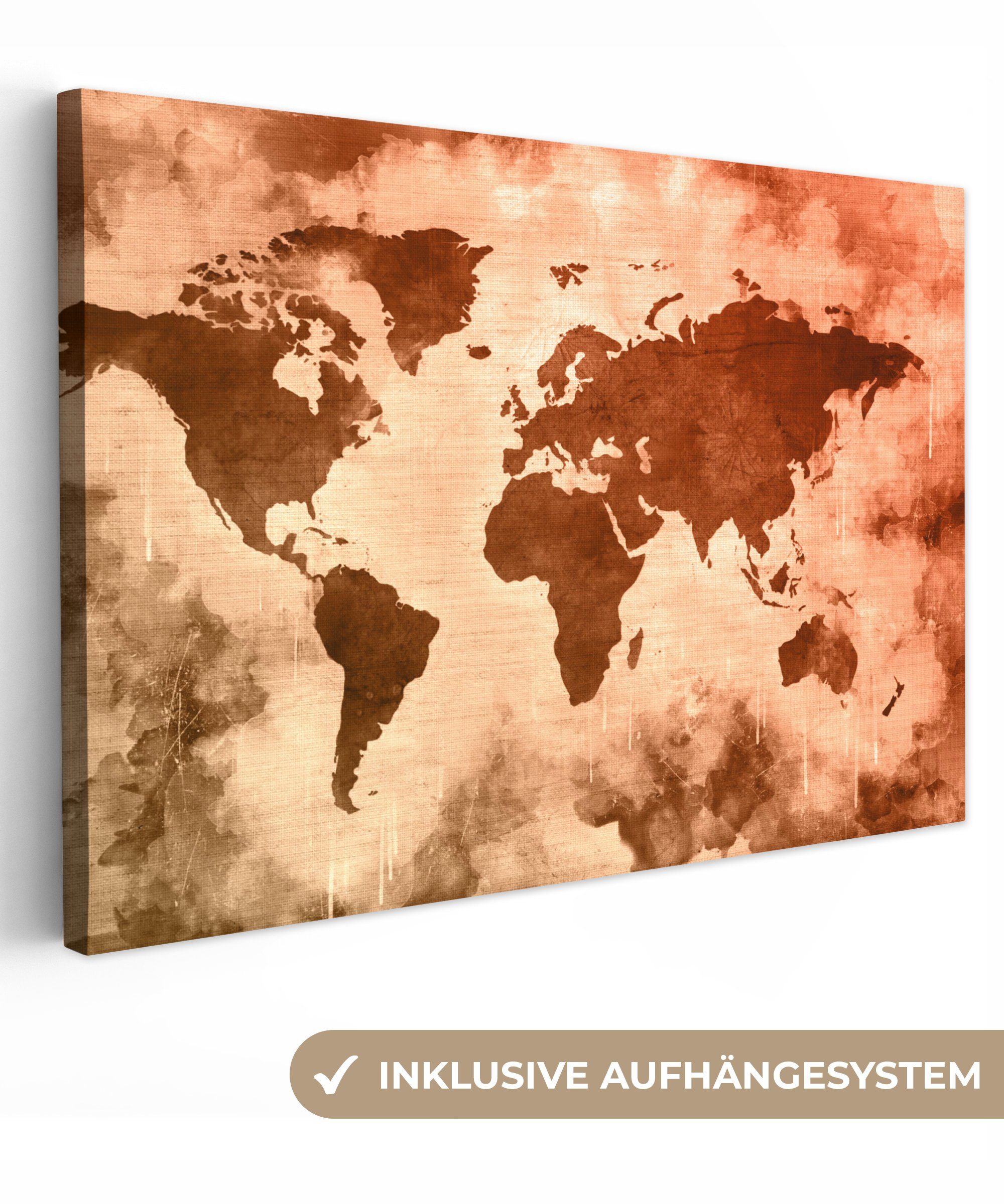 OneMillionCanvasses® Leinwandbild Weltkarte - Rot - Braun, (1 St), Wandbild Leinwandbilder, Aufhängefertig, Wanddeko, 30x20 cm | Leinwandbilder