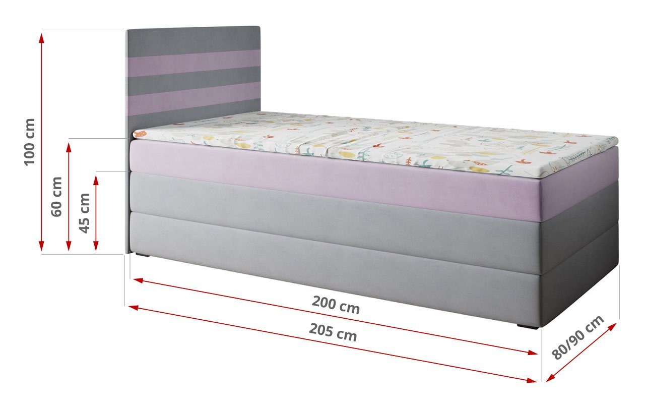 MÖBEL Mit Kinderbett und Boxspringbetten Stauraum 90x200 für Grau Kinderzimmer, MIKO 1, Violett Jugendbett MKS