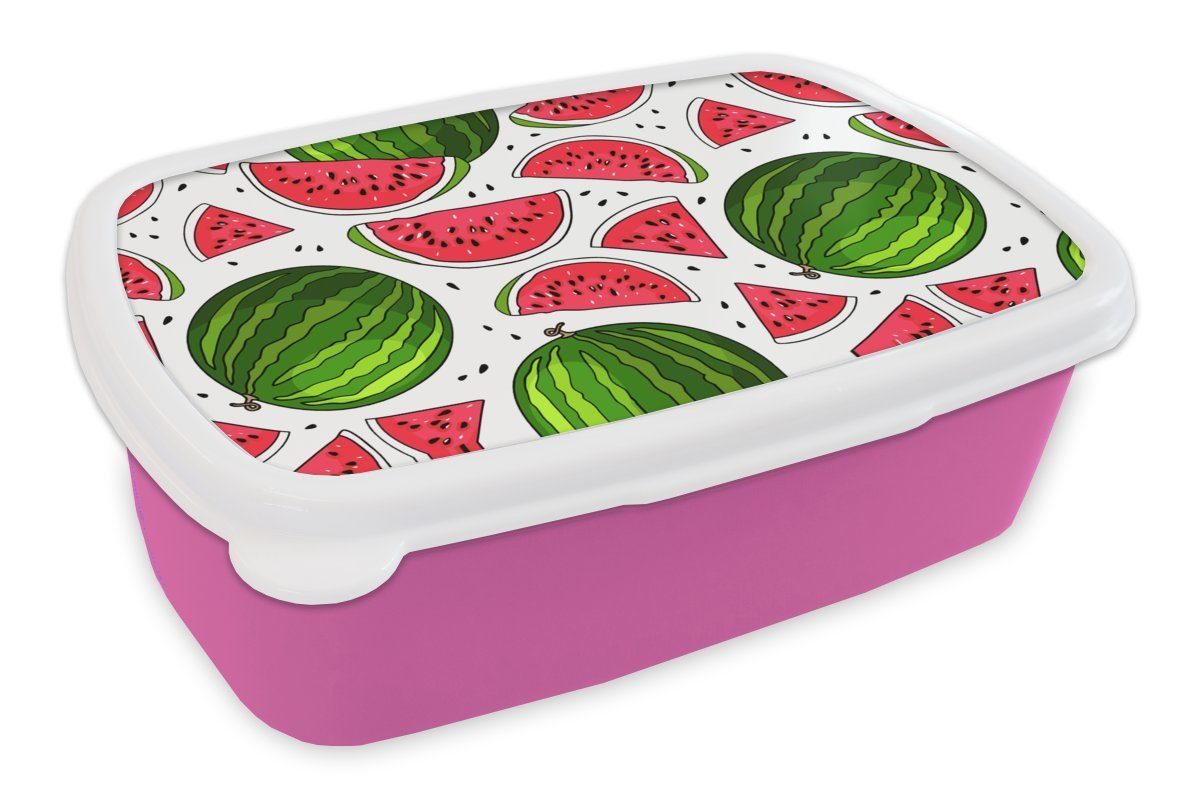 MuchoWow Lunchbox Muster - Wassermelone - Kern - Frucht, Kunststoff, (2-tlg), Brotbox für Erwachsene, Brotdose Kinder, Snackbox, Mädchen, Kunststoff rosa