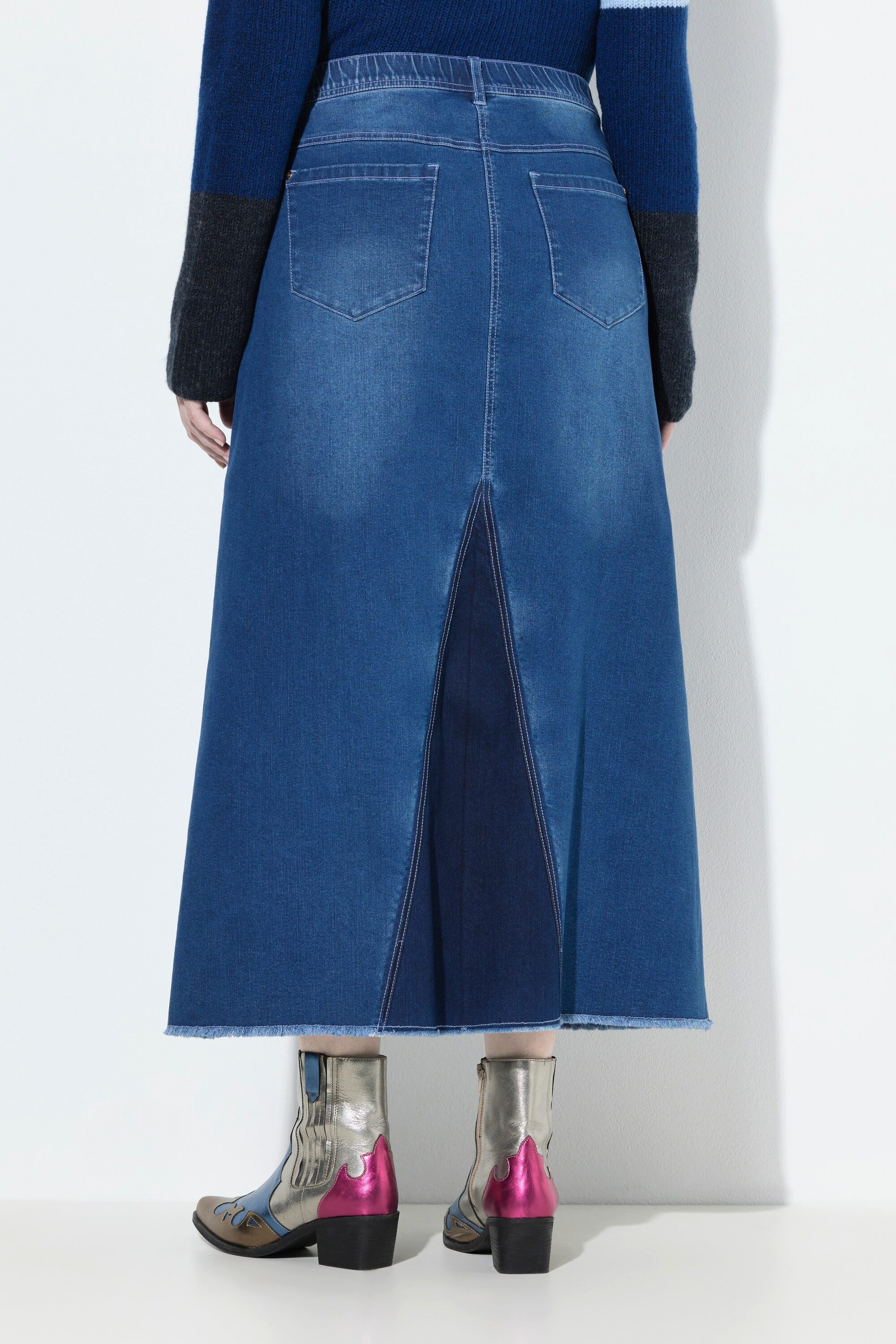 Ulla Popken Maxirock Jeansrock Fransensaum A-Linie Stretchdenim