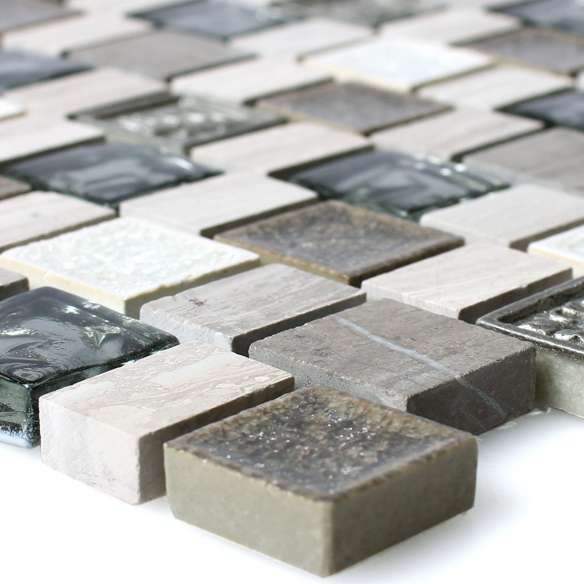 Mosafil Mosaikfliesen Mosaikfliesen Dresden Multiformat Wood White Mix, Naturstein-Resin-Glas-Keramik 30.400x29.800, grau-silber, Verlegefertig auf ein Netz geklebt - Wasserfest