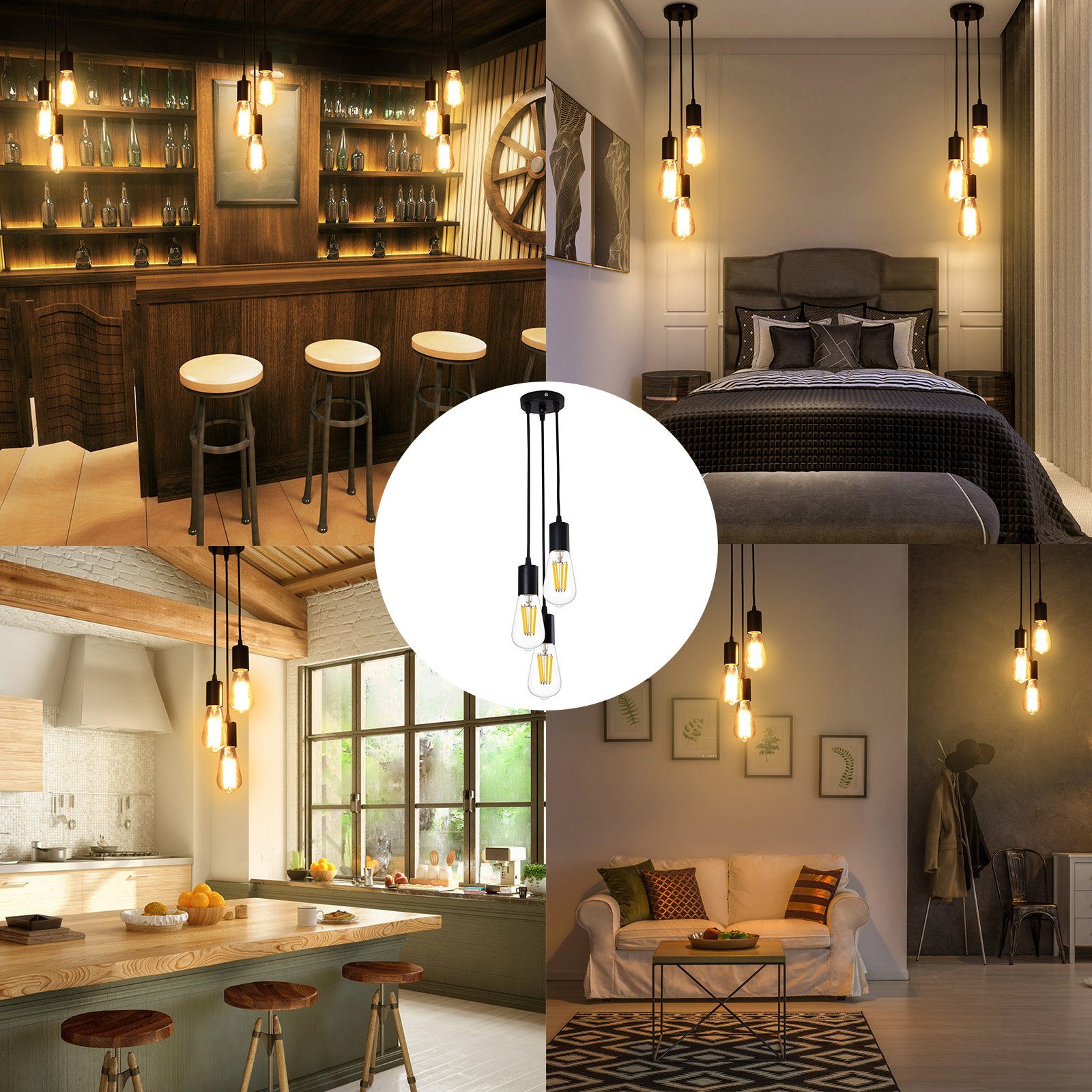 Rosnek LED Pendelleuchte E27, 3-Lichter, für Restaurant nicht Chrom Glühbirnen enthalten Bar Schlafzimmer Deko, Cafe Wohnzimmer