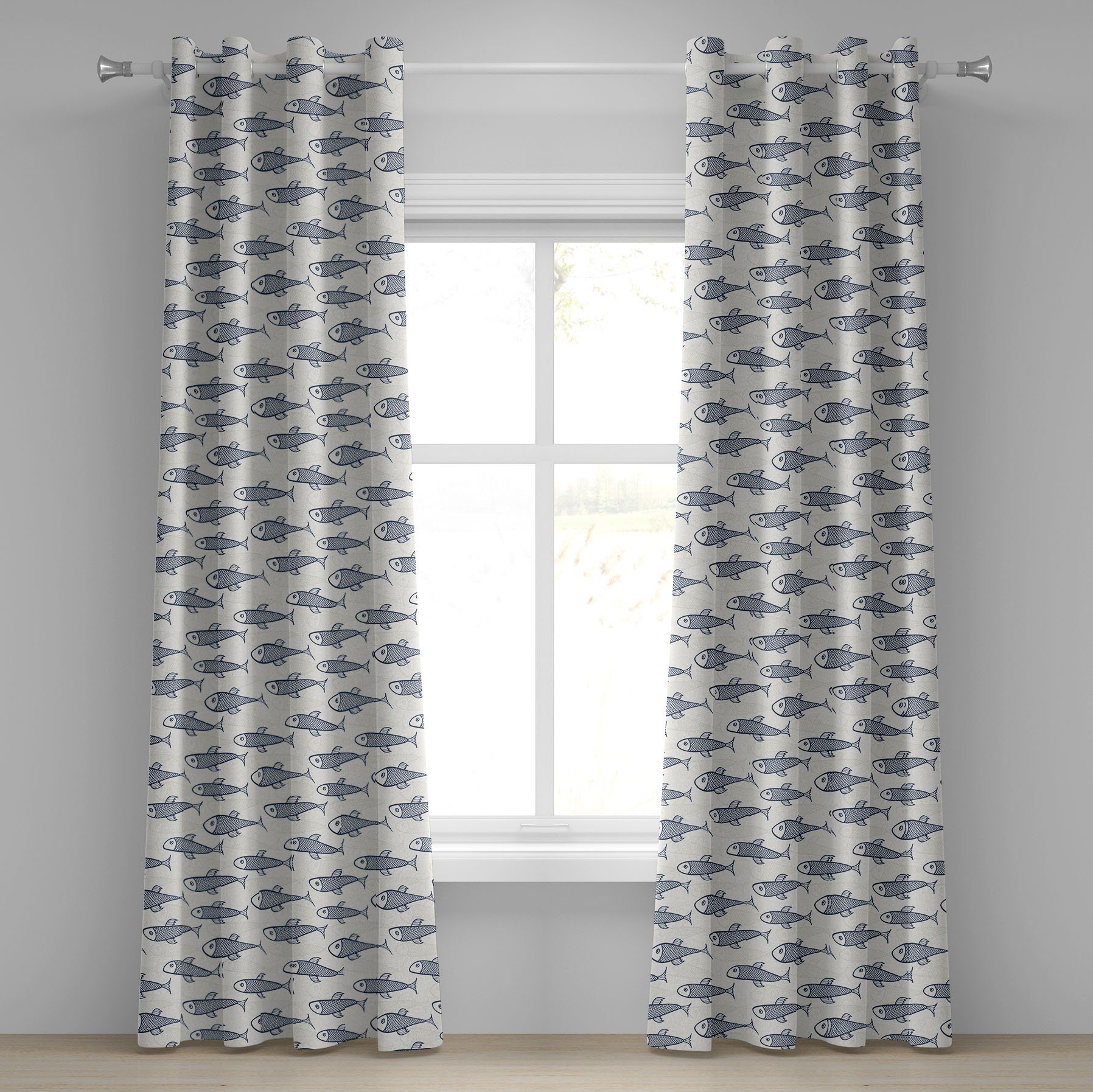 Gardine Dekorative 2-Panel-Fenstervorhänge für Schlafzimmer Wohnzimmer, Abakuhaus, Fisch Aquarium Doodle Scales